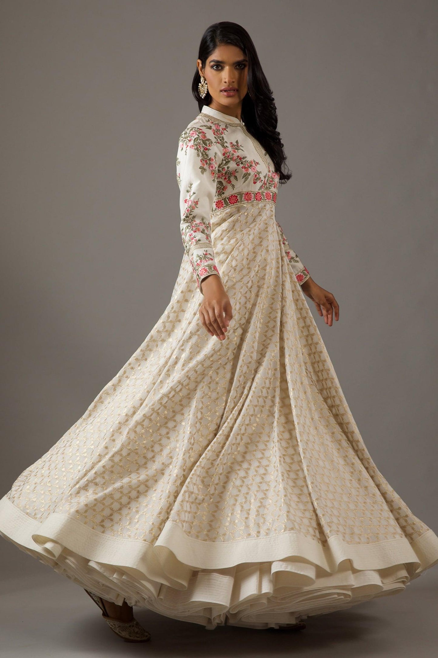 Ivory Silk, Chanderi, Cotton Embroidery Dahlia Bloom Banasai Jaal Anarkali Set - Designer Kurta Set