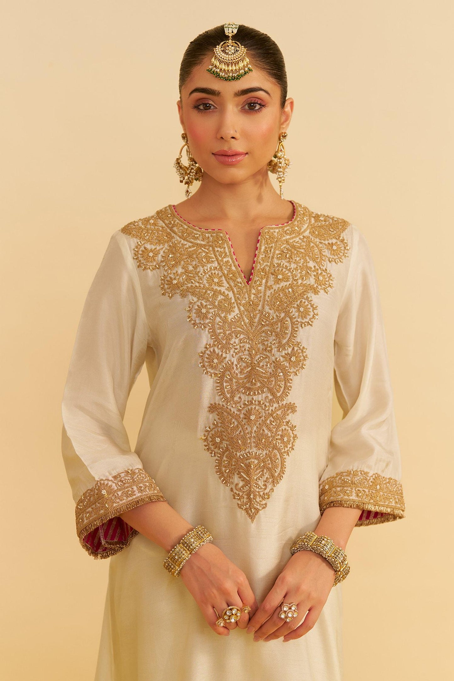 Ivory Silk Embroidery Round Neck Hiba Kaftan Set