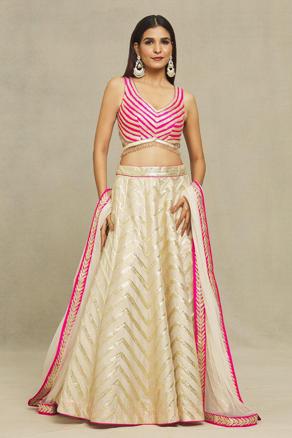 Ivory Silk Gota Patti Asymmetric Embroidered Bridal Lehenga Set - Designer Kurta Set