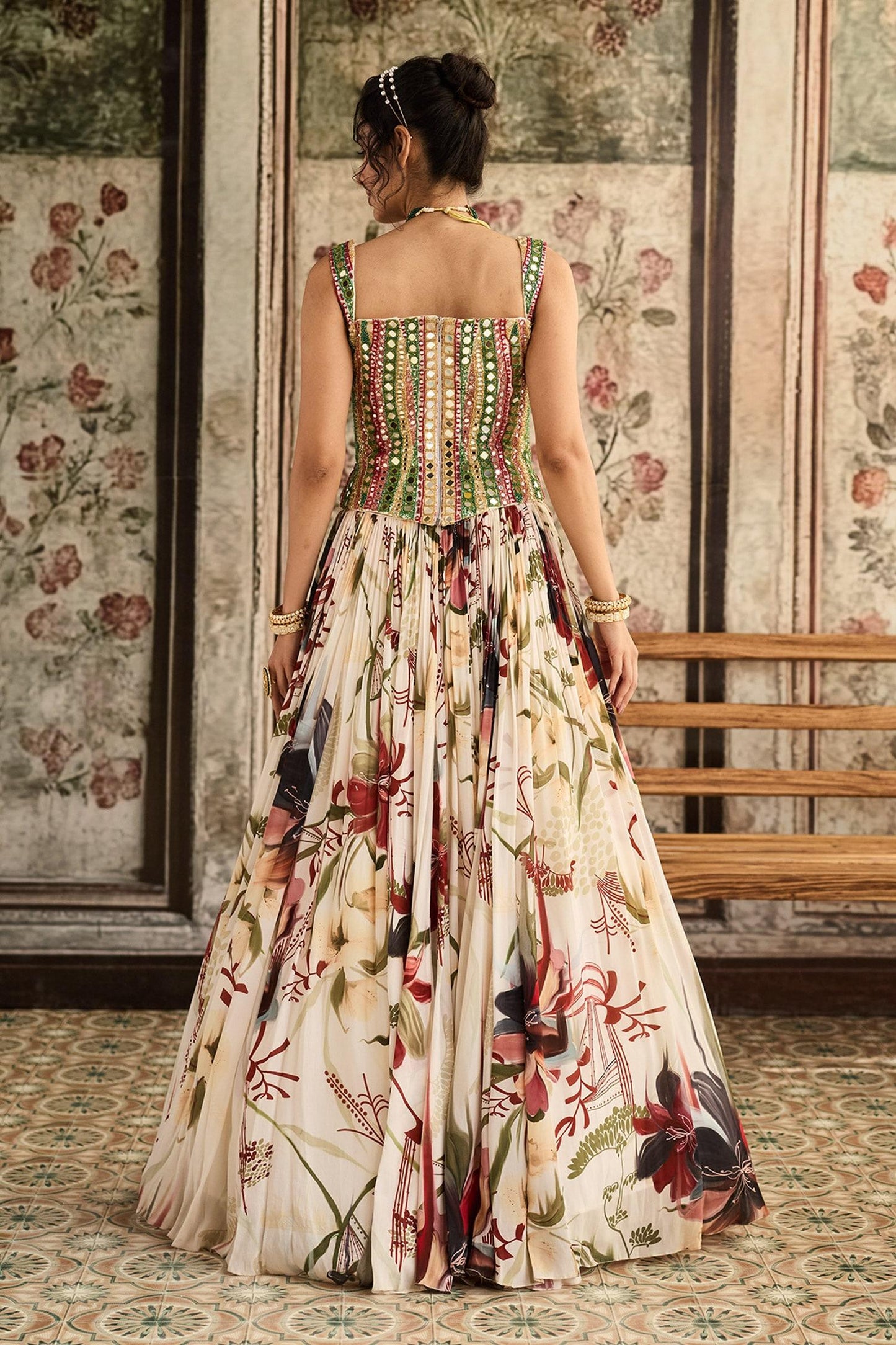 Ivory Tulle, Crepe, Georgette Beads, Sequins Sweetheart Floral Print Lehenga Set - Designer Kurta Set