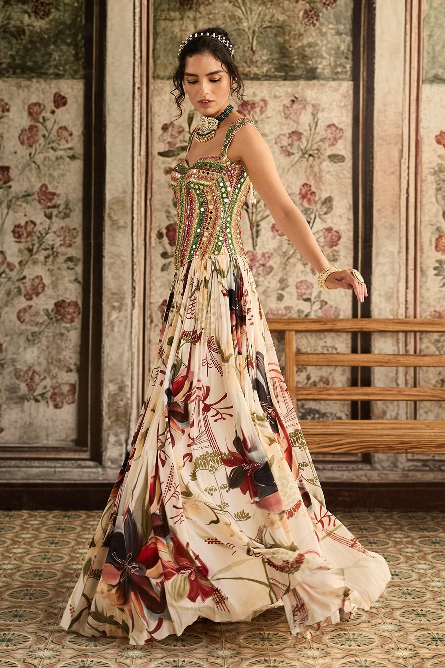 Ivory Tulle, Crepe, Georgette Beads, Sequins Sweetheart Floral Print Lehenga Set - Designer Kurta Set