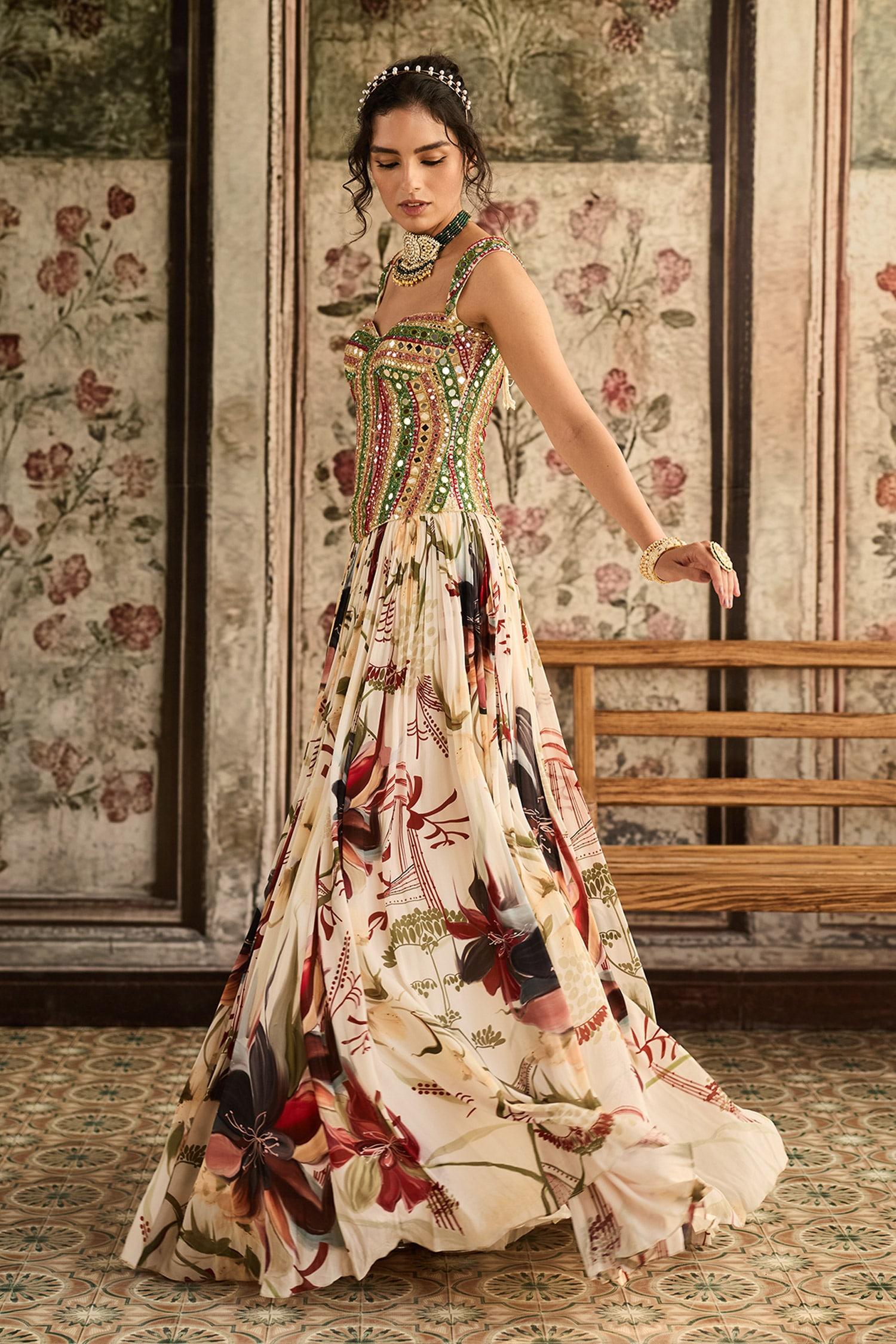 Ivory Tulle, Crepe, Georgette Beads, Sequins Sweetheart Floral Print Lehenga Set - Designer Kurta Set