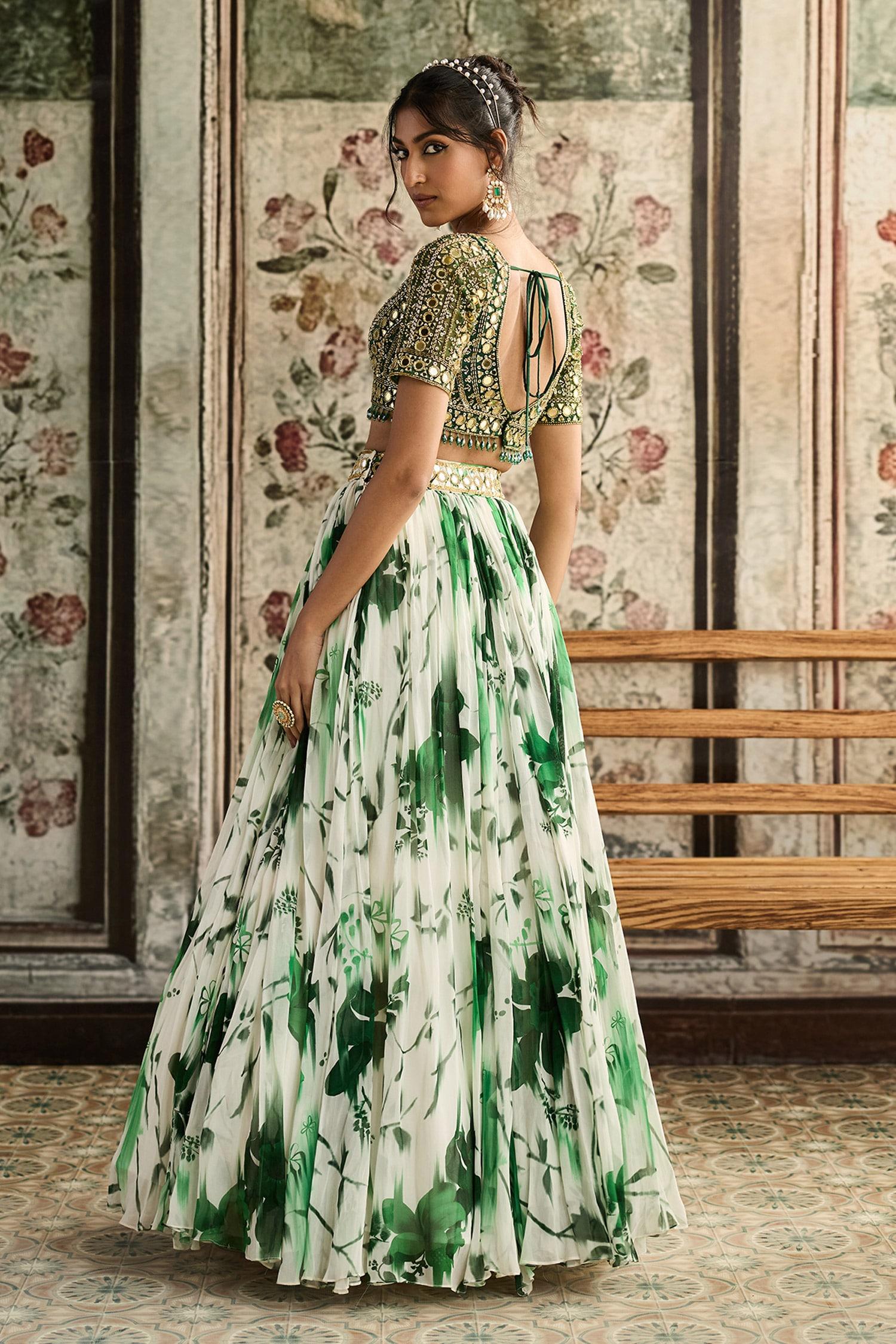 Ivory Tulle, Georgette Beads, Sequins V-neck Green Floral Print Lehenga Set - Designer Kurta Set
