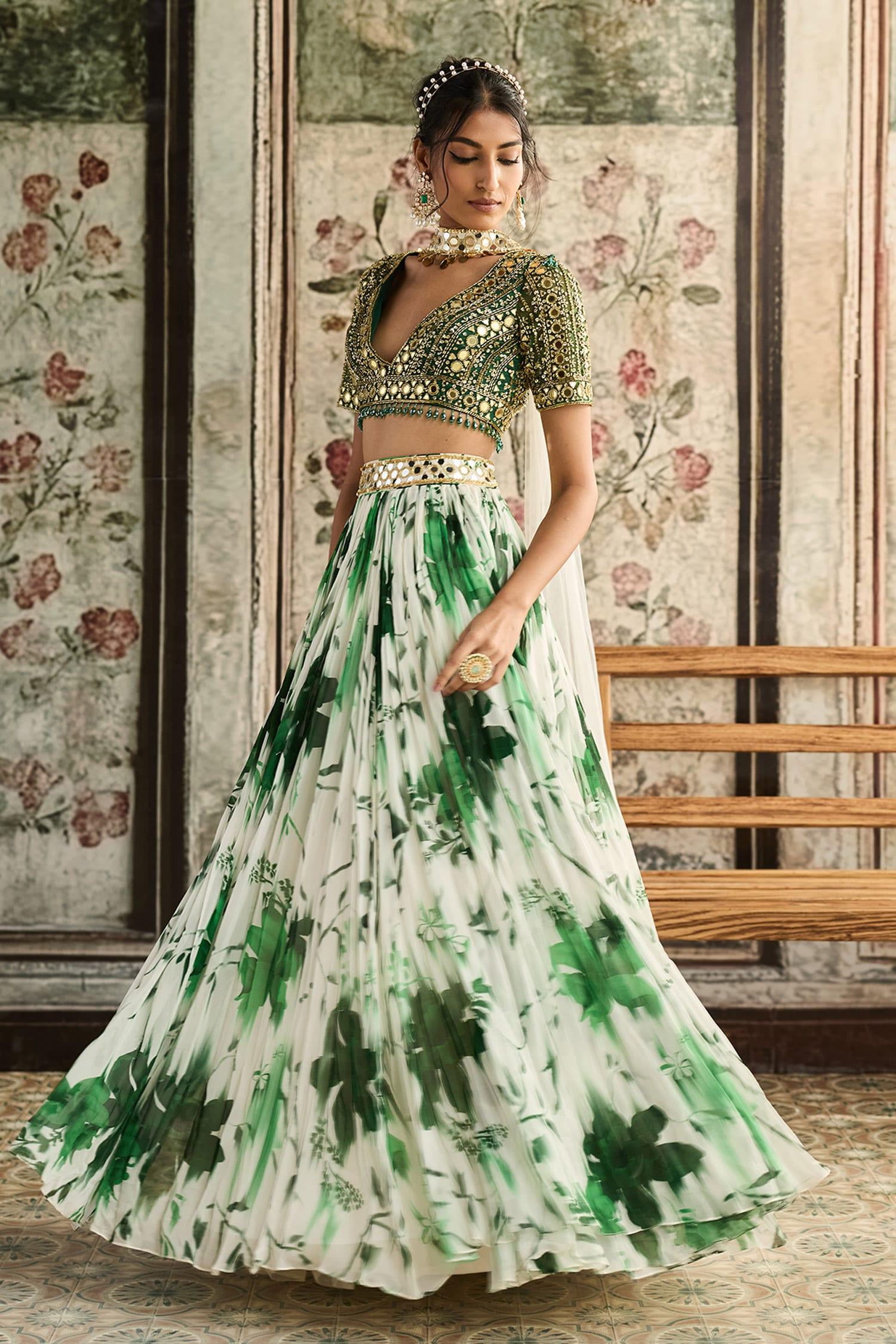 Ivory Tulle, Georgette Beads, Sequins V-neck Green Floral Print Lehenga Set - Designer Kurta Set