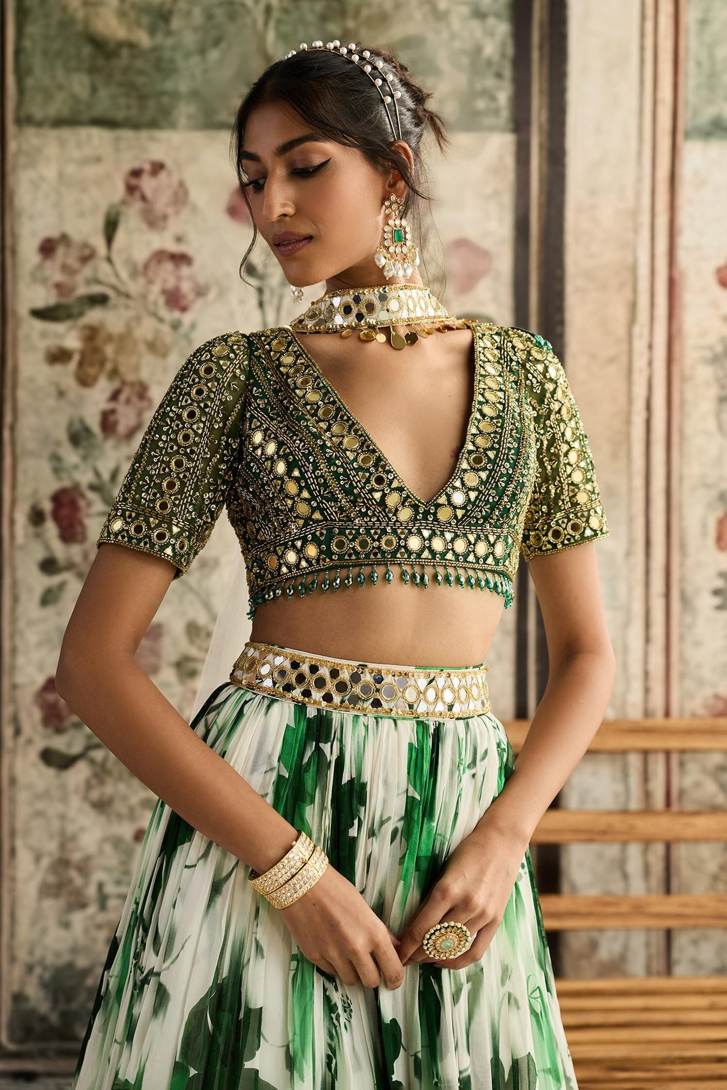 Ivory Tulle, Georgette Beads, Sequins V-neck Green Floral Print Lehenga Set - Designer Kurta Set