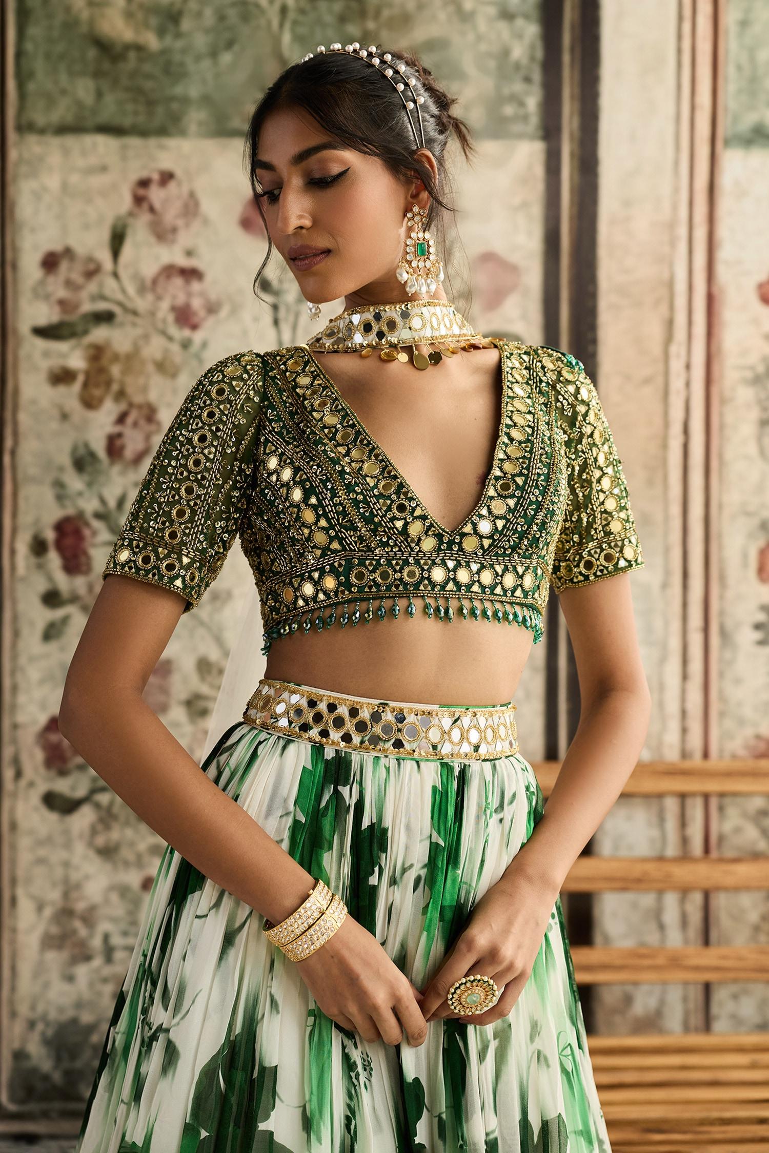Ivory Tulle, Georgette Beads, Sequins V-neck Green Floral Print Lehenga Set - Designer Kurta Set