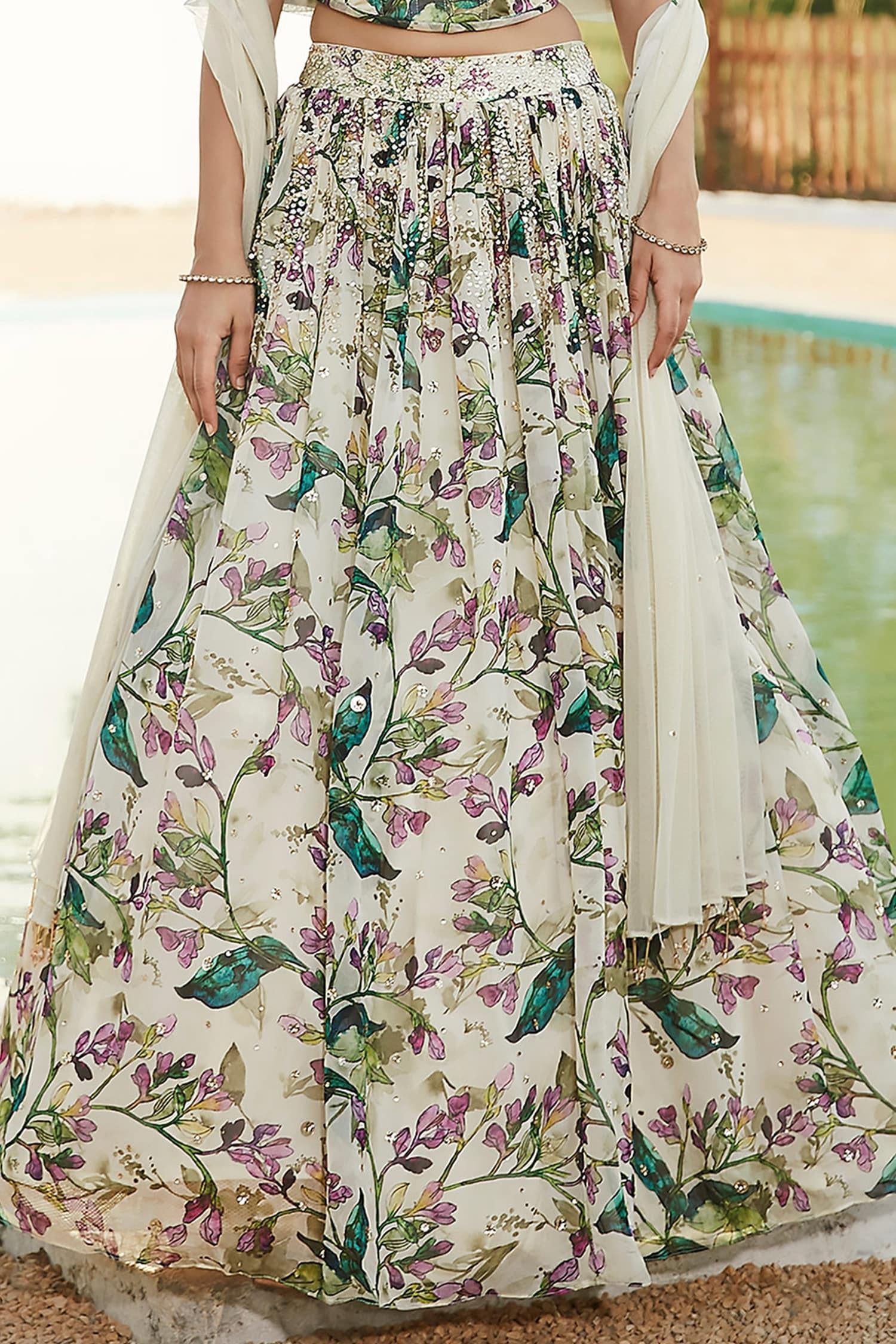 Ivory Viscose, Organza Stones, Embroidery Botanical Print Lehenga Blouse Set - Designer Kurta Set