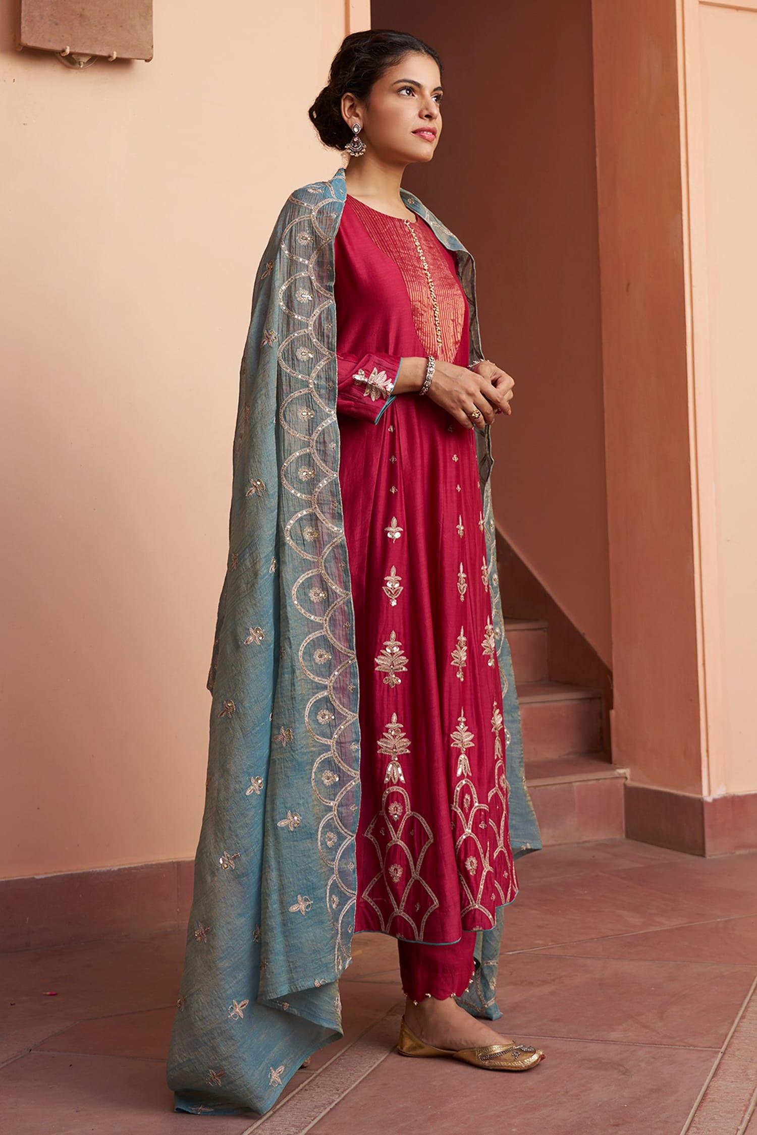 Magenta Chanderi, Tissue Pearls, Sequins Round Flower Embroidered Anarkali Set - Designer Kurta Set