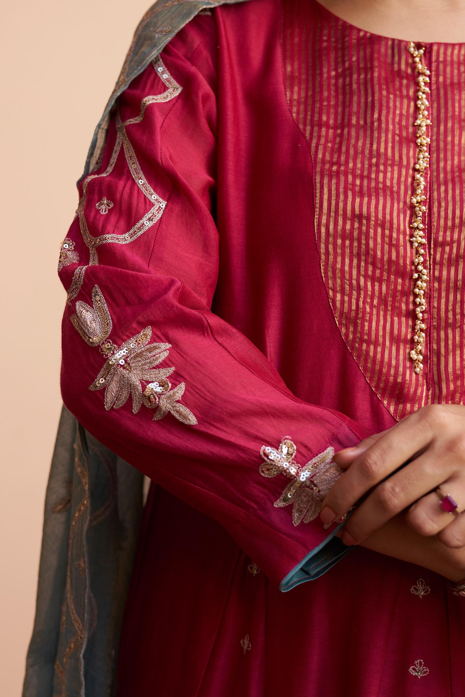 Magenta Chanderi, Tissue Pearls, Sequins Round Flower Embroidered Anarkali Set - Designer Kurta Set