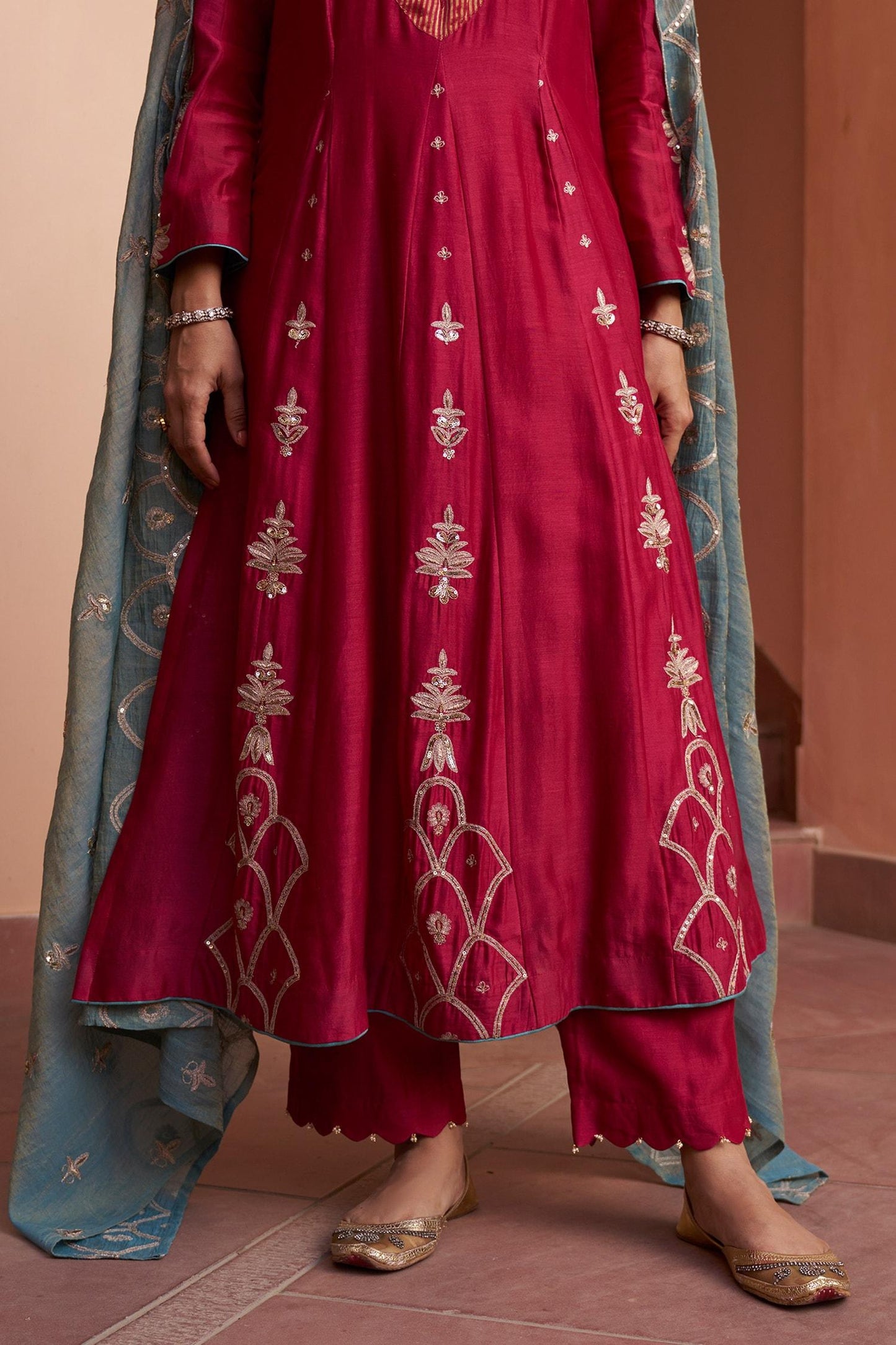 Magenta Chanderi, Tissue Pearls, Sequins Round Flower Embroidered Anarkali Set - Designer Kurta Set