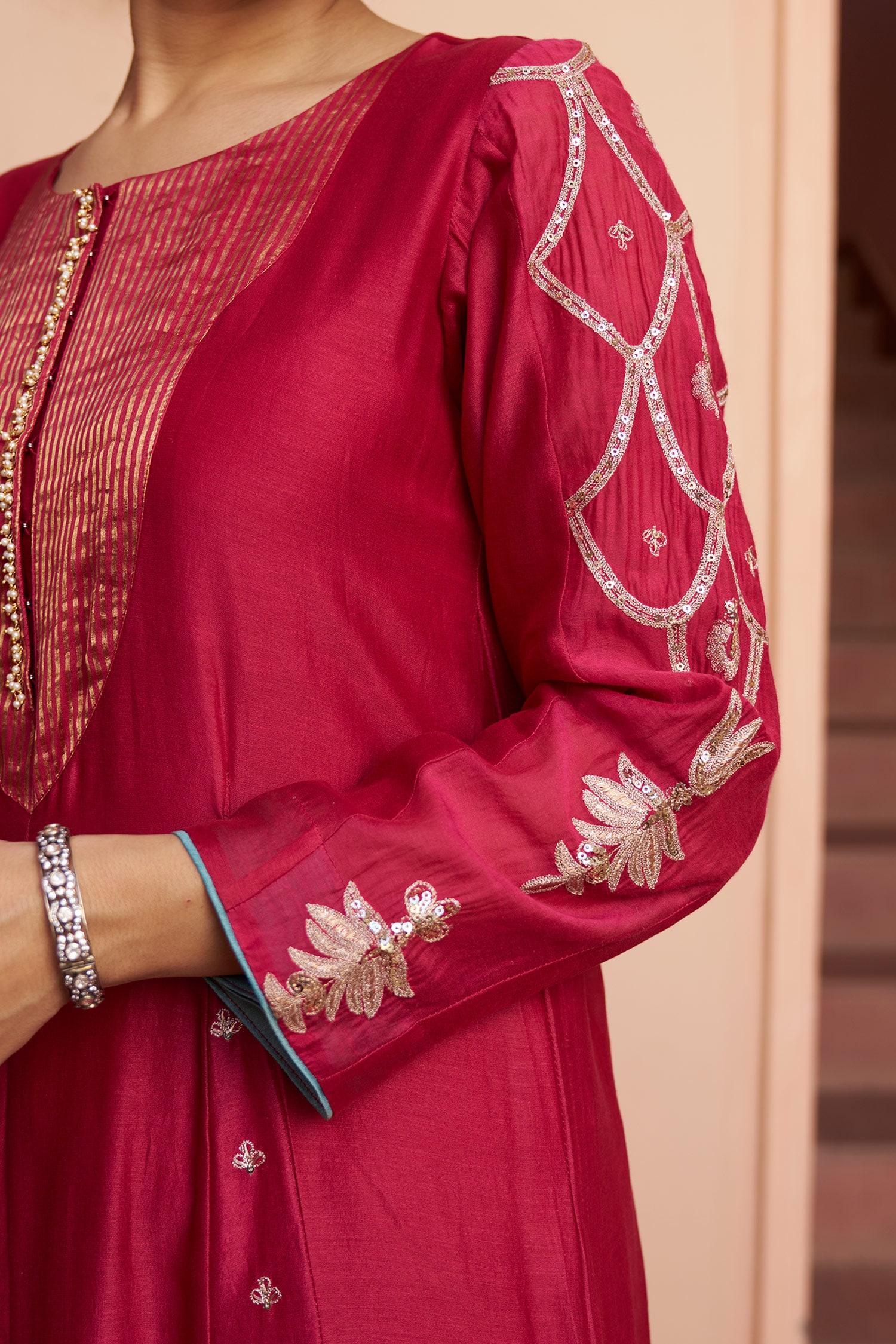 Magenta Chanderi, Tissue Pearls, Sequins Round Flower Embroidered Anarkali Set - Designer Kurta Set