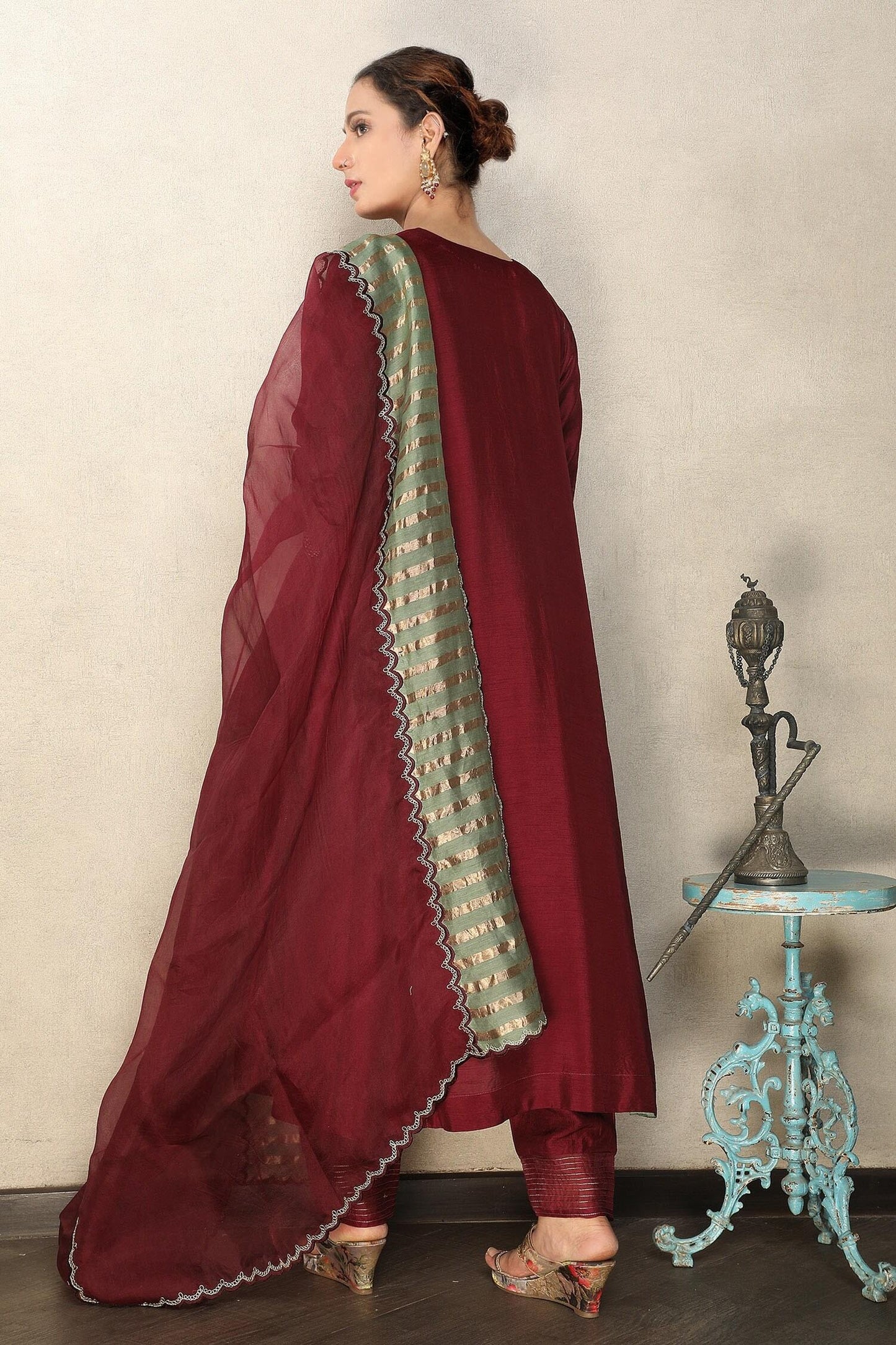Maroon Anarkali And Pant Viscose & Dupatta Organza Placement Embroidered Set - Designer Kurta Set