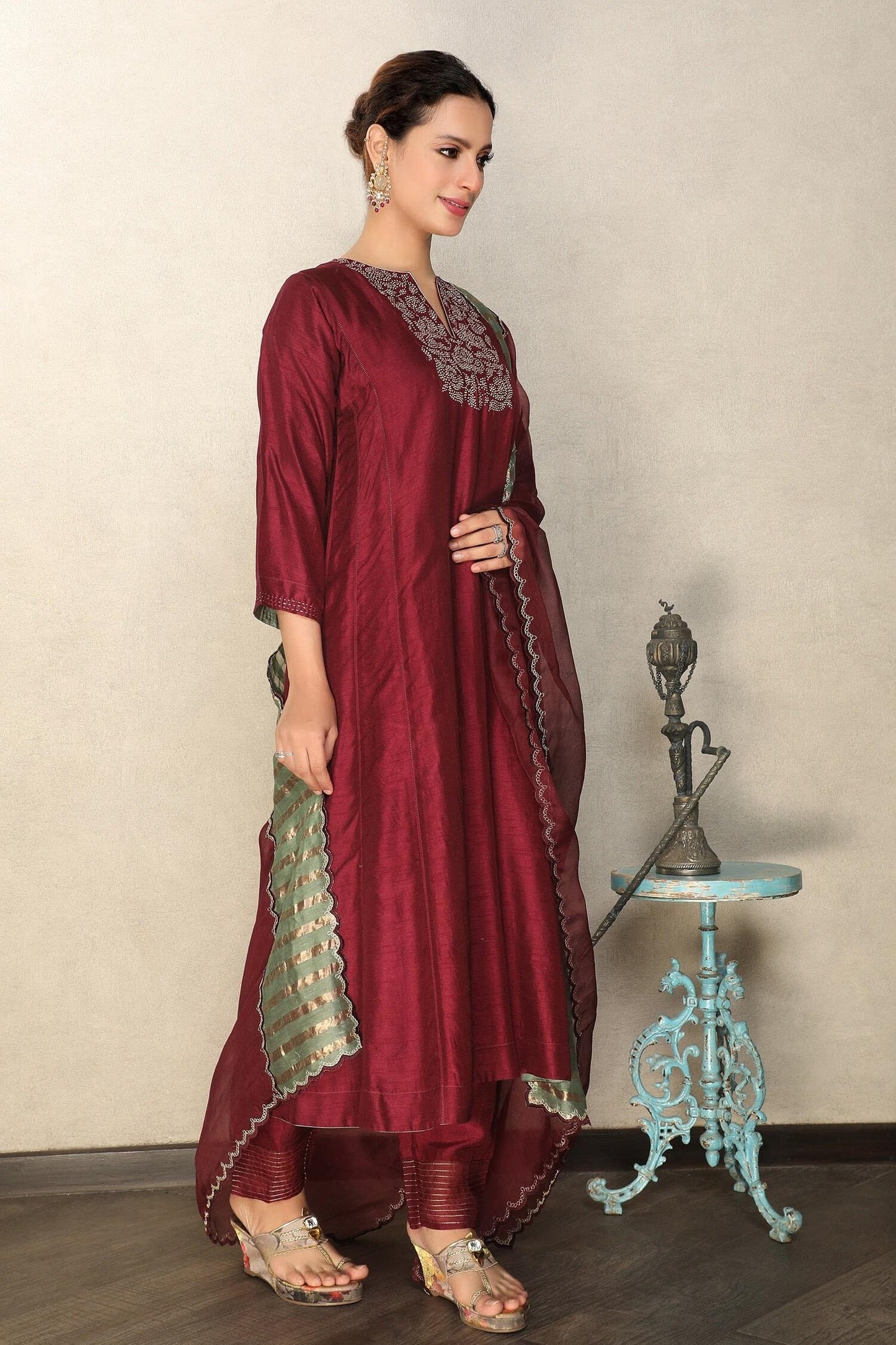 Maroon Anarkali And Pant Viscose & Dupatta Organza Placement Embroidered Set - Designer Kurta Set