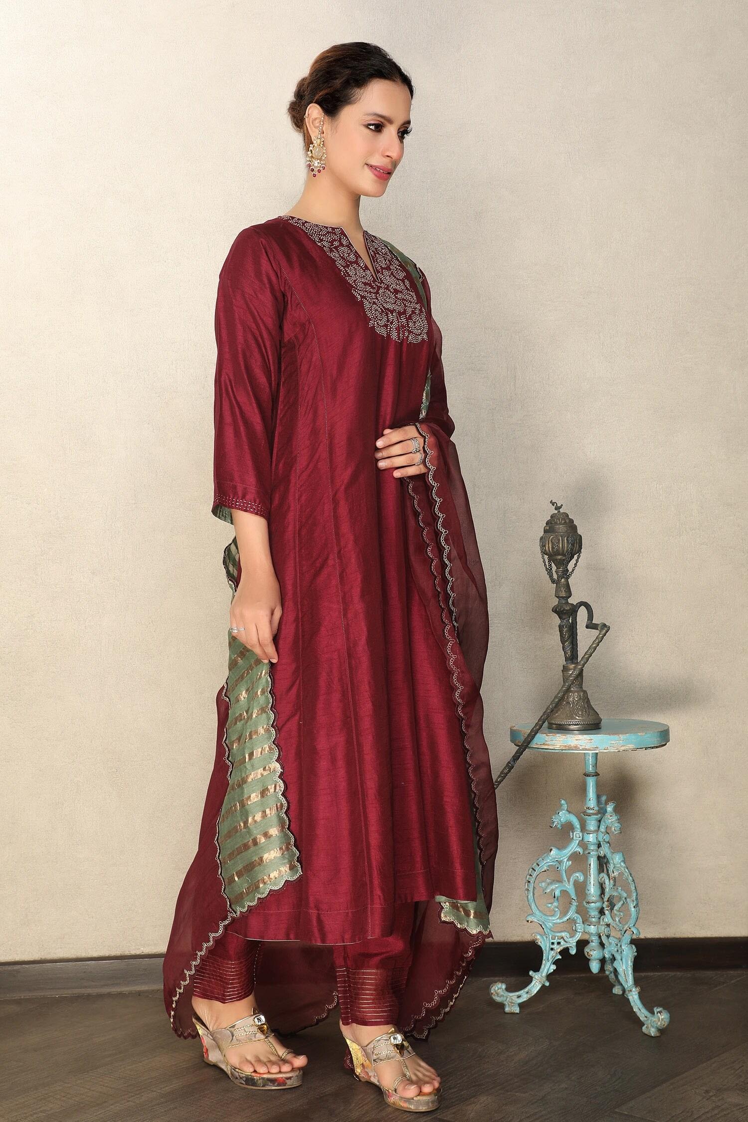 Maroon Anarkali And Pant Viscose & Dupatta Organza Placement Embroidered Set - Designer Kurta Set