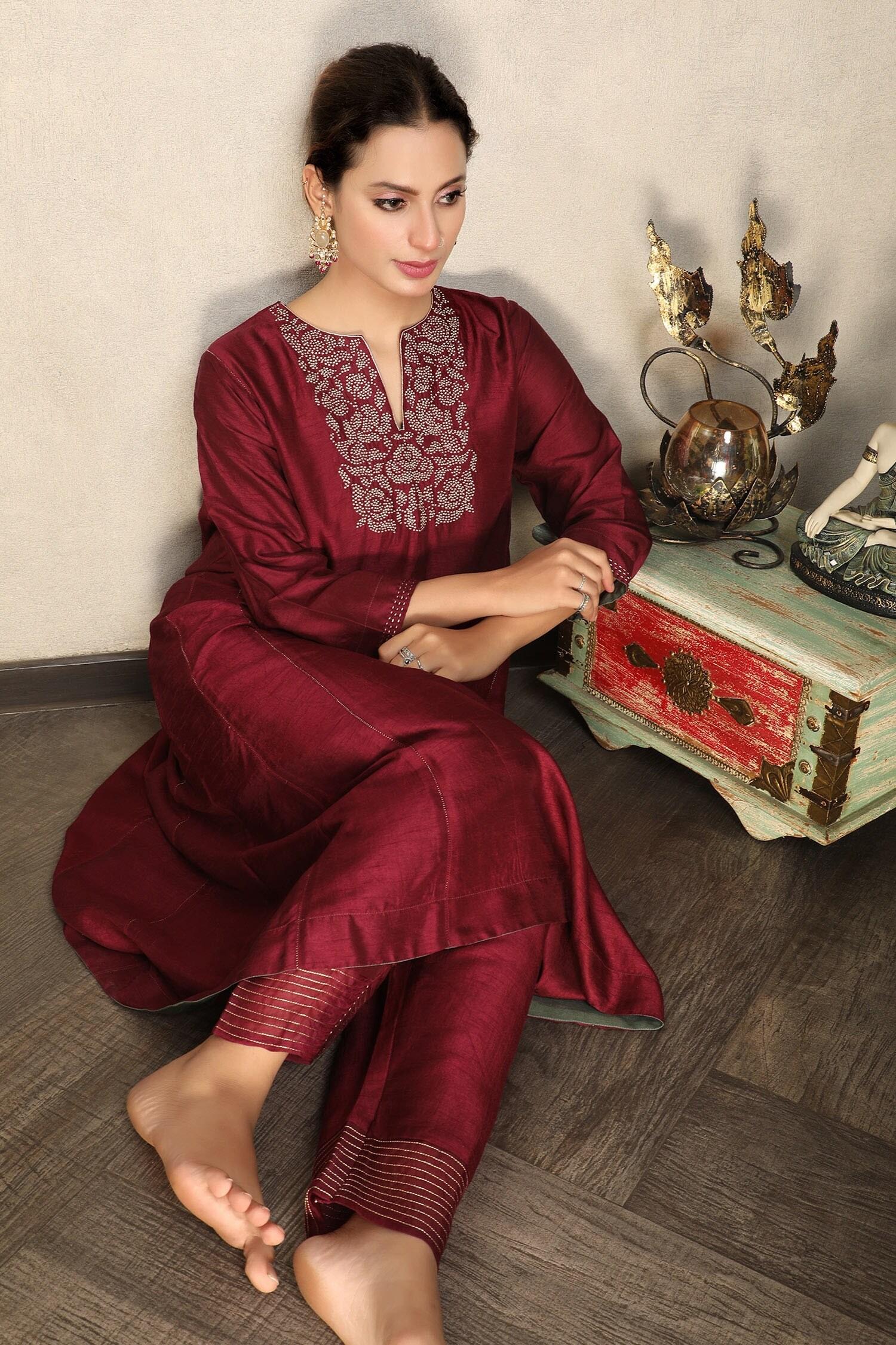 Maroon Anarkali And Pant Viscose & Dupatta Organza Placement Embroidered Set - Designer Kurta Set