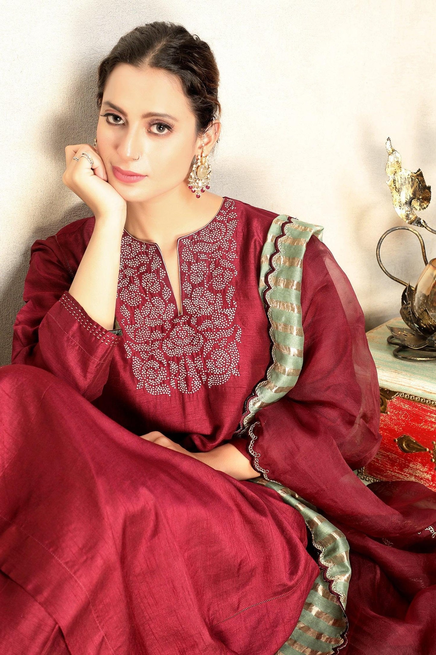 Maroon Anarkali And Pant Viscose & Dupatta Organza Placement Embroidered Set - Designer Kurta Set