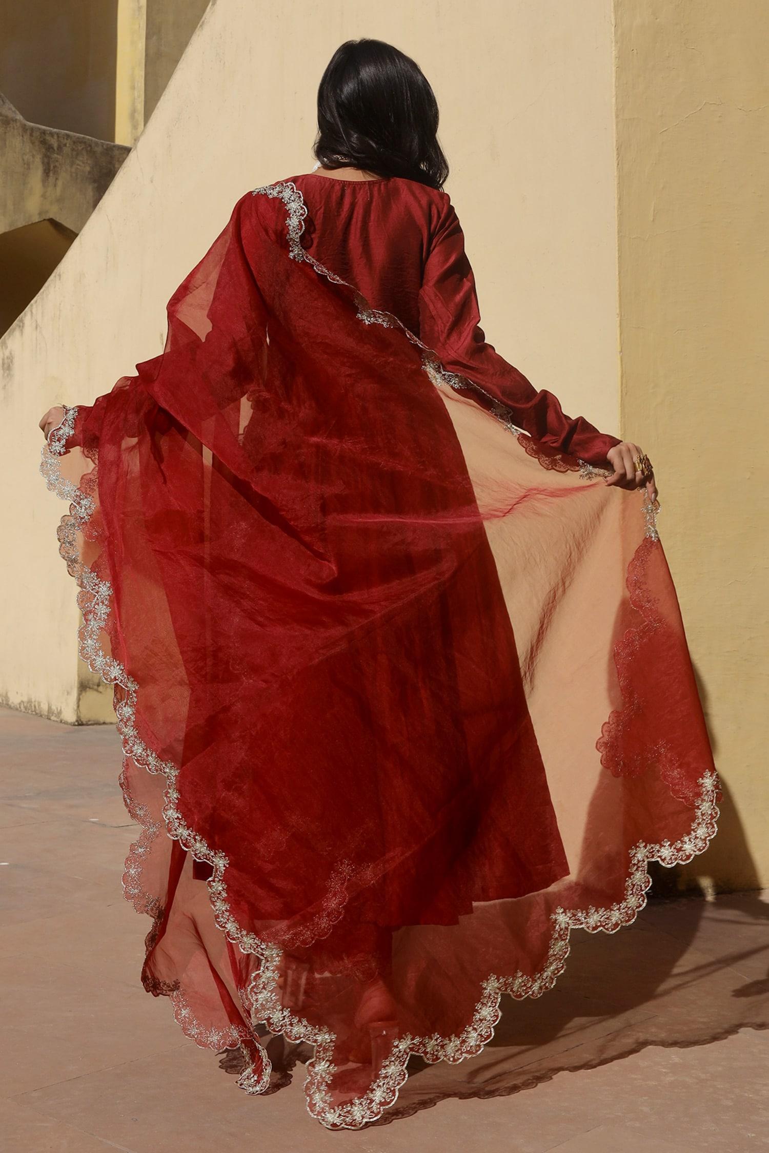 Maroon Chanderi Embroidery, Applique V-neck Anarkali Set With Aari Dupatta - Designer Kurta Set