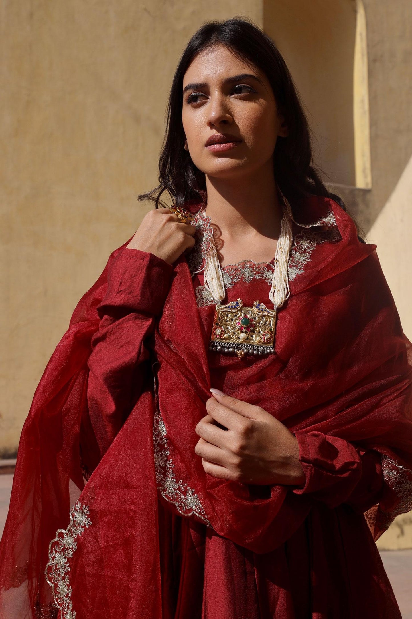 Maroon Chanderi Embroidery, Applique V-neck Anarkali Set With Aari Dupatta - Designer Kurta Set