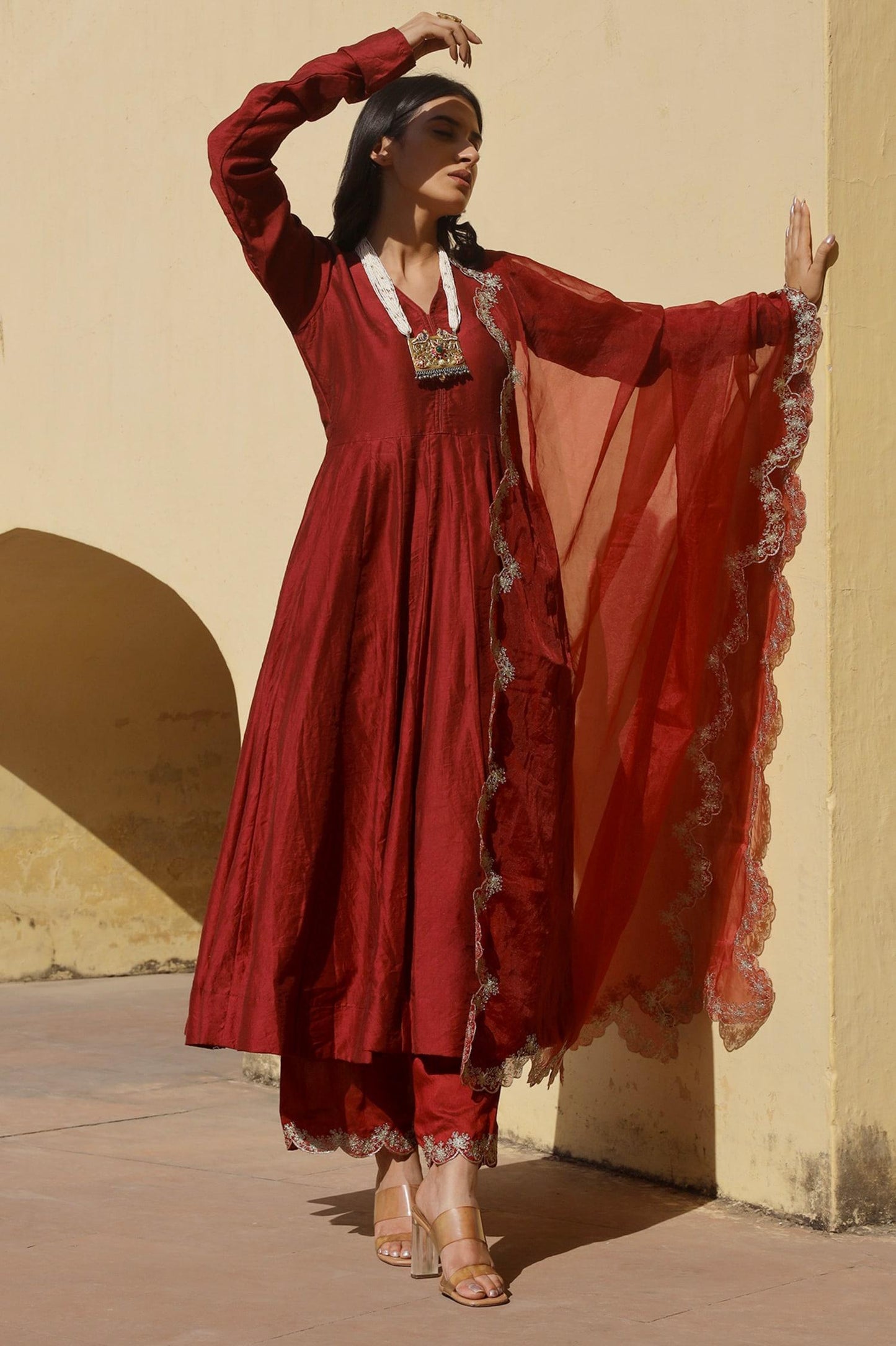 Maroon Chanderi Embroidery, Applique V-neck Anarkali Set With Aari Dupatta - Designer Kurta Set