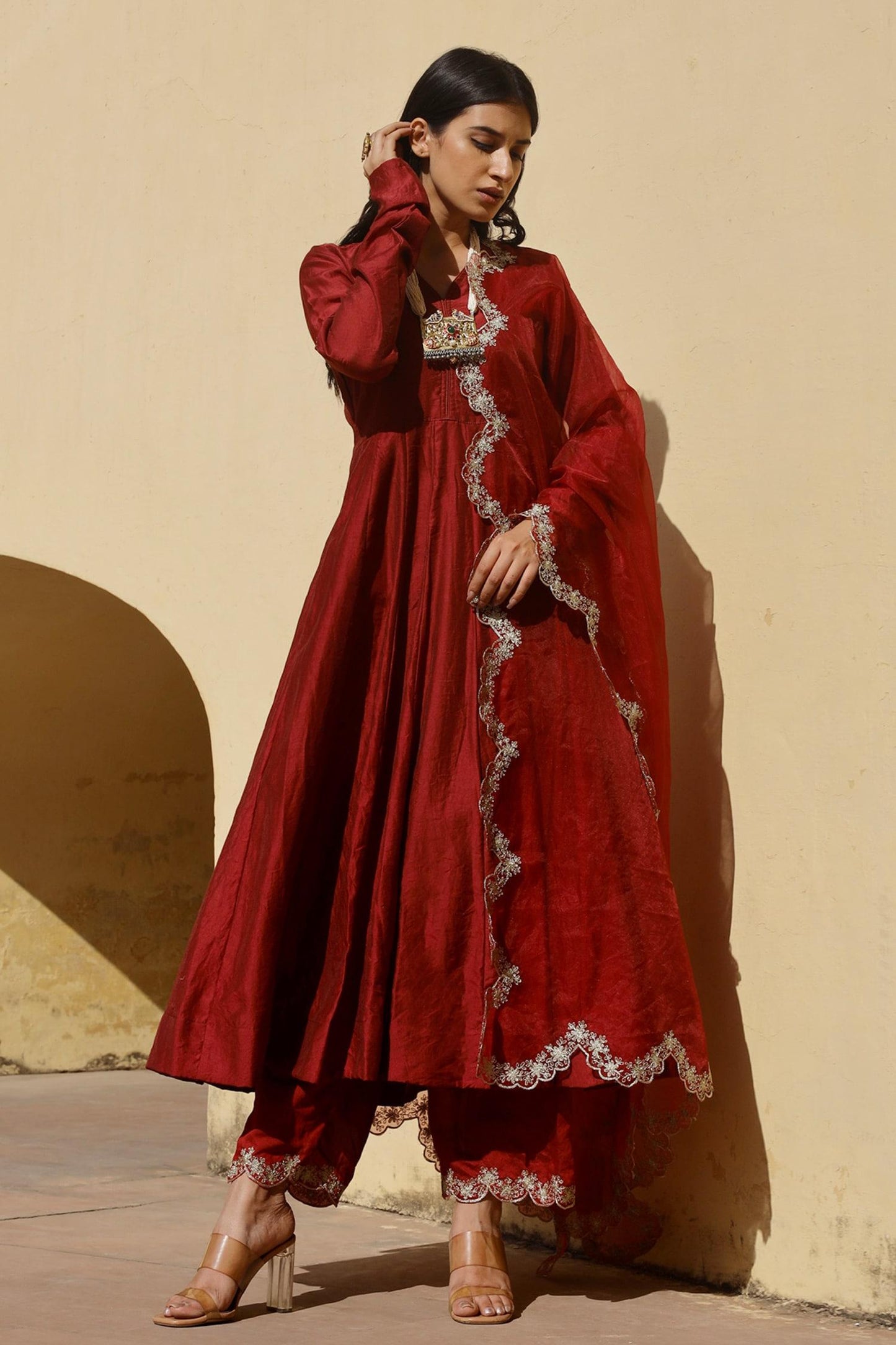 Maroon Chanderi Embroidery, Applique V-neck Anarkali Set With Aari Dupatta - Designer Kurta Set
