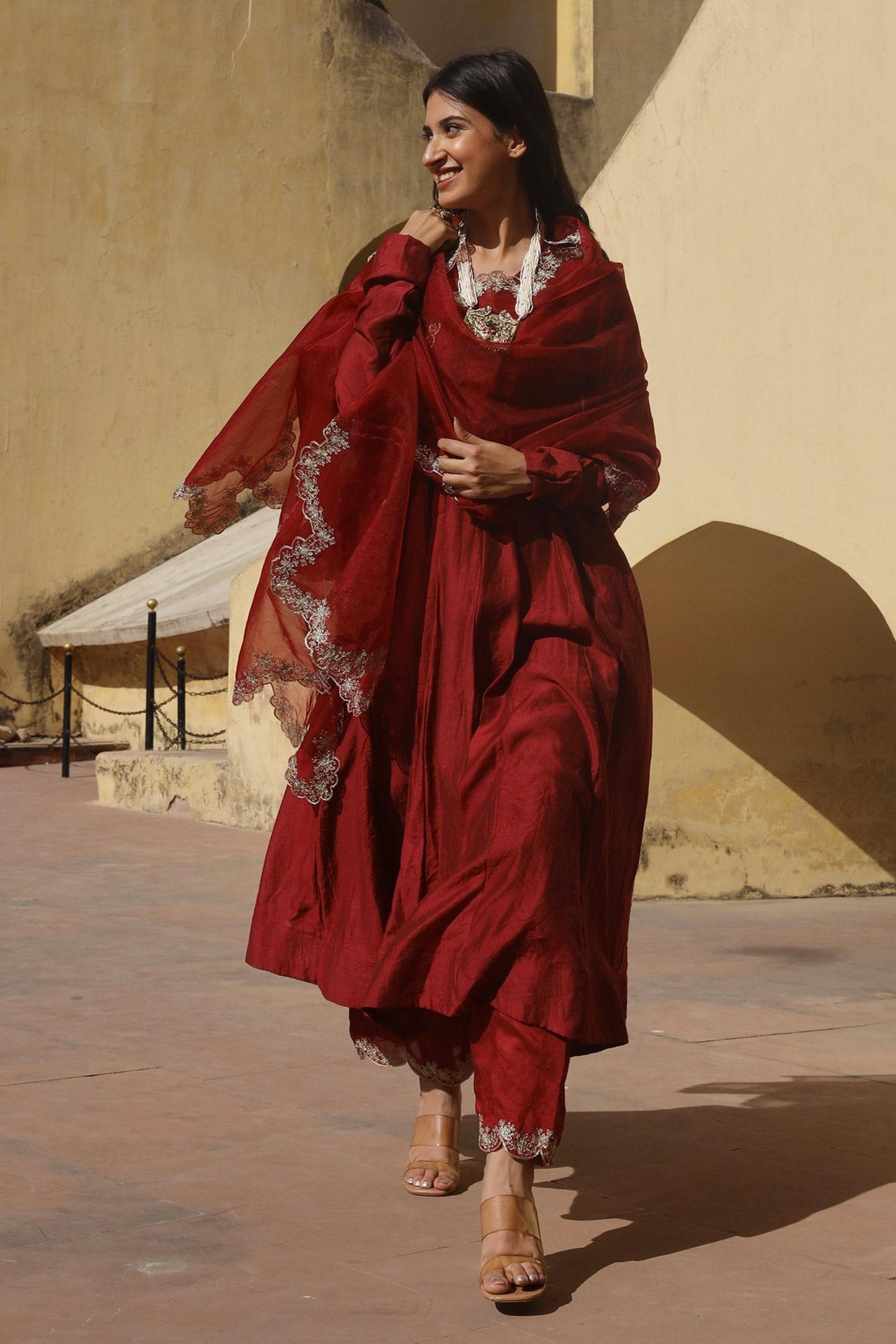 Maroon Chanderi Embroidery, Applique V-neck Anarkali Set With Aari Dupatta - Designer Kurta Set