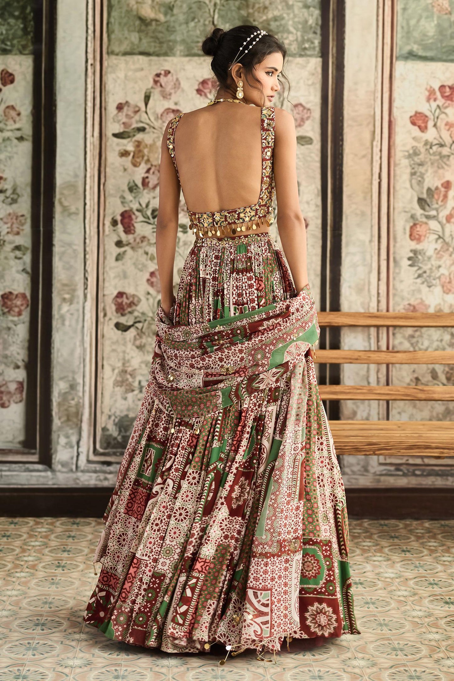 Maroon Crepe, Georgette Embroidery, Sequins, Designer Sage Green And Lehenga Set - Designer Kurta Set