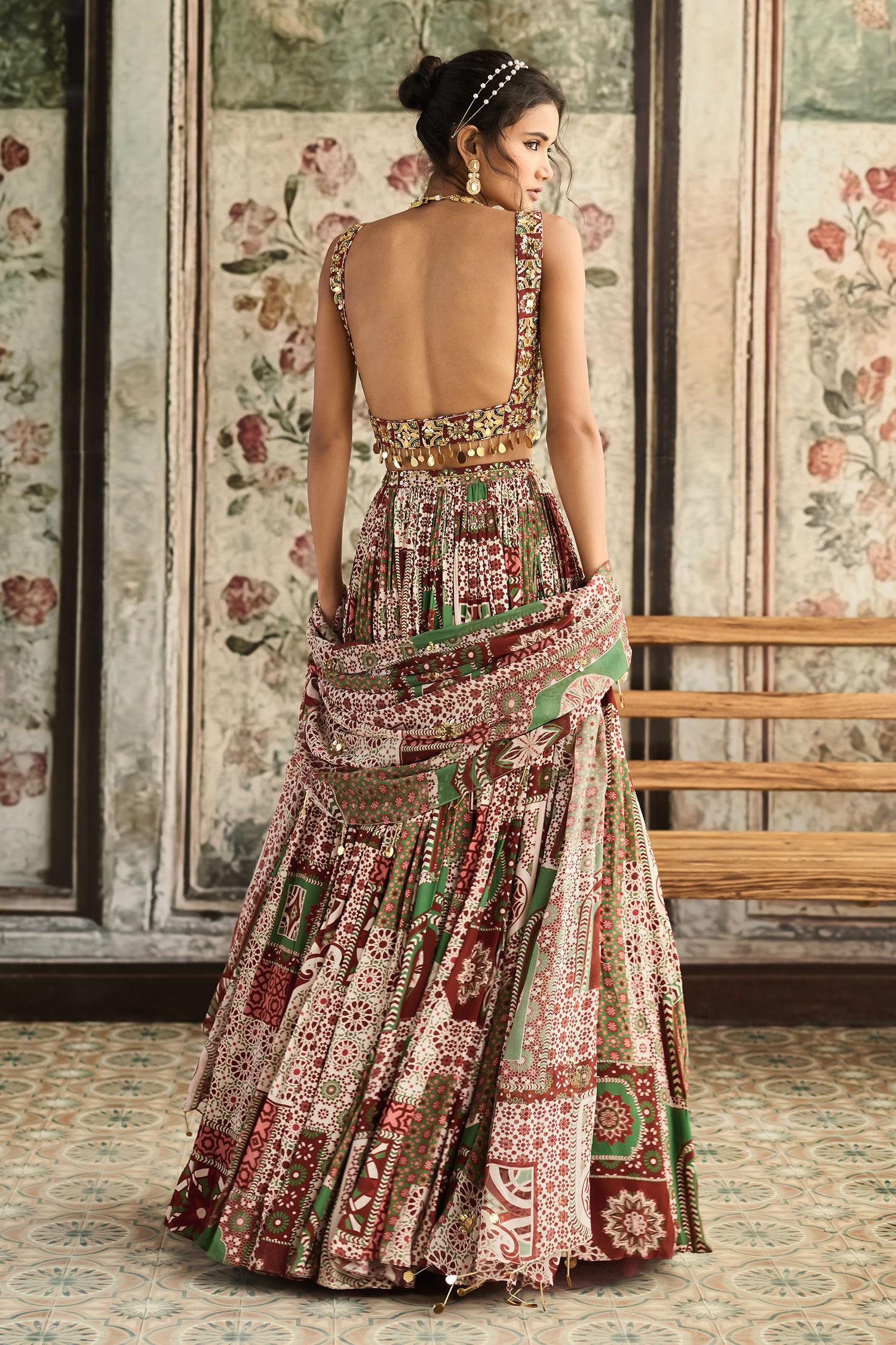Maroon Crepe, Georgette Embroidery, Sequins, Designer Sage Green And Lehenga Set - Designer Kurta Set
