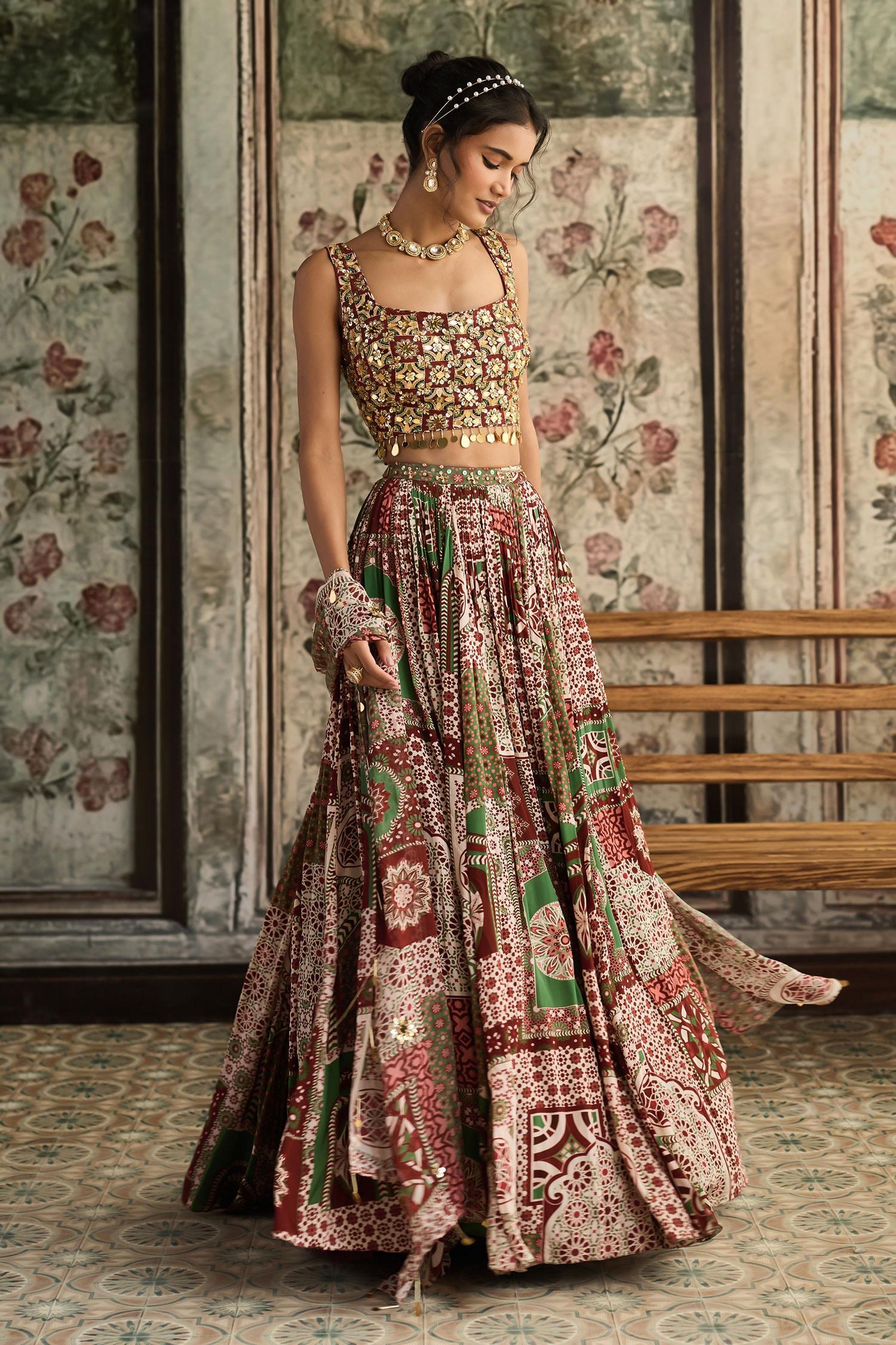 Maroon Crepe, Georgette Embroidery, Sequins, Designer Sage Green And Lehenga Set - Designer Kurta Set