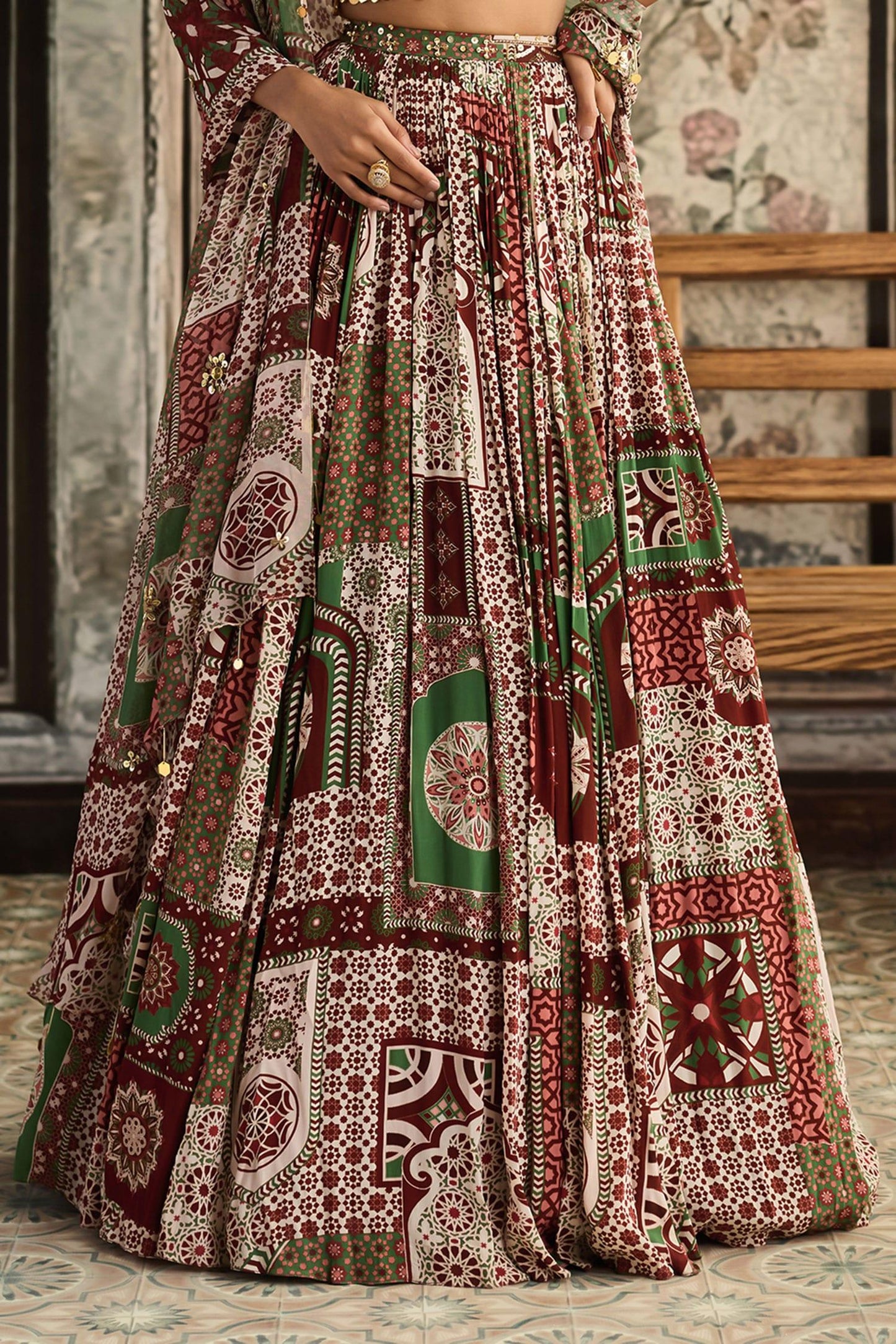 Maroon Crepe, Georgette Embroidery, Sequins, Designer Sage Green And Lehenga Set - Designer Kurta Set