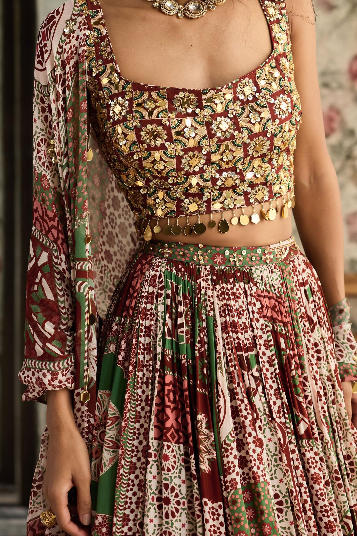 Maroon Crepe, Georgette Embroidery, Sequins, Designer Sage Green And Lehenga Set - Designer Kurta Set