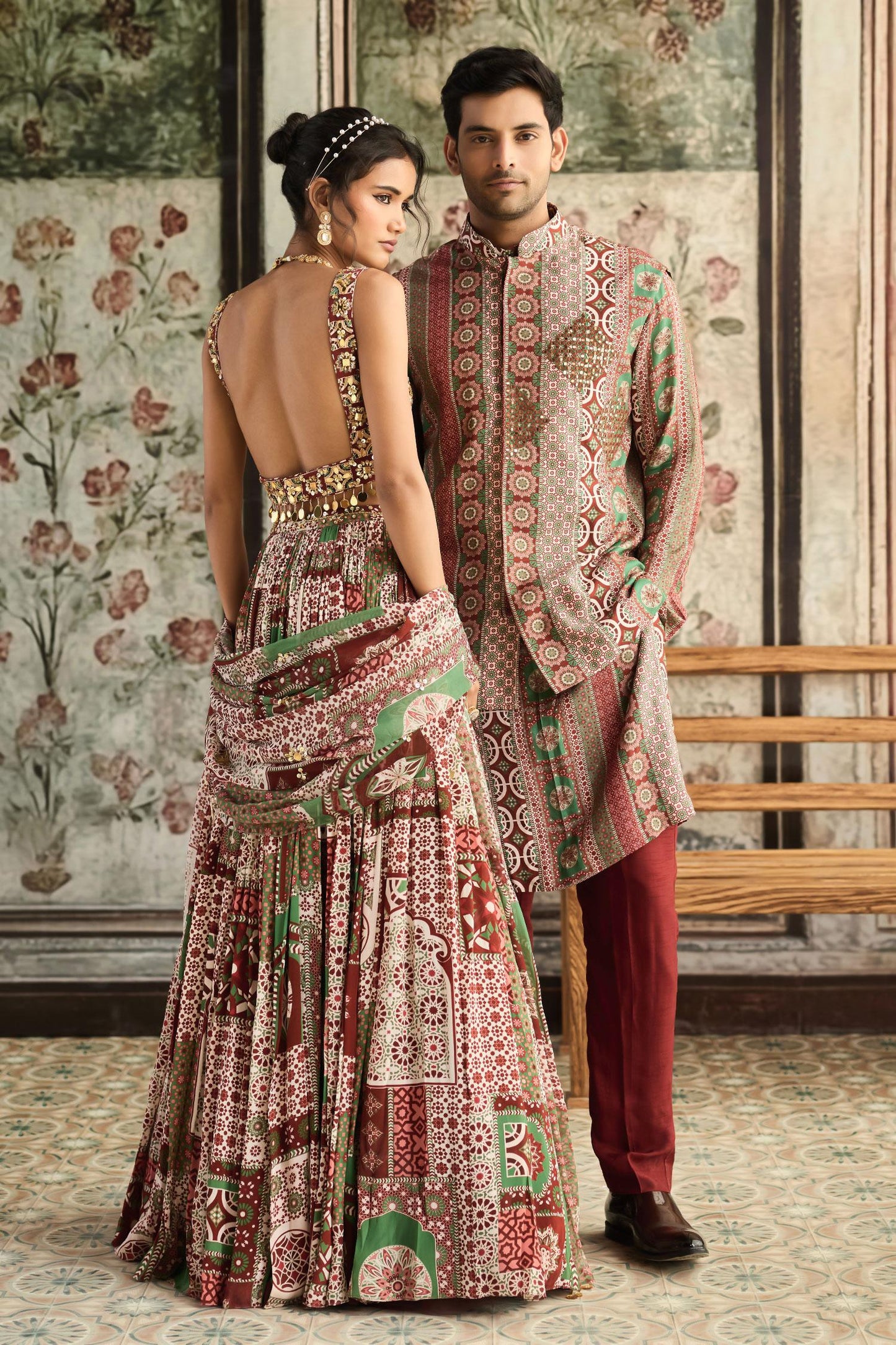 Maroon Crepe, Georgette Embroidery, Sequins, Designer Sage Green And Lehenga Set - Designer Kurta Set
