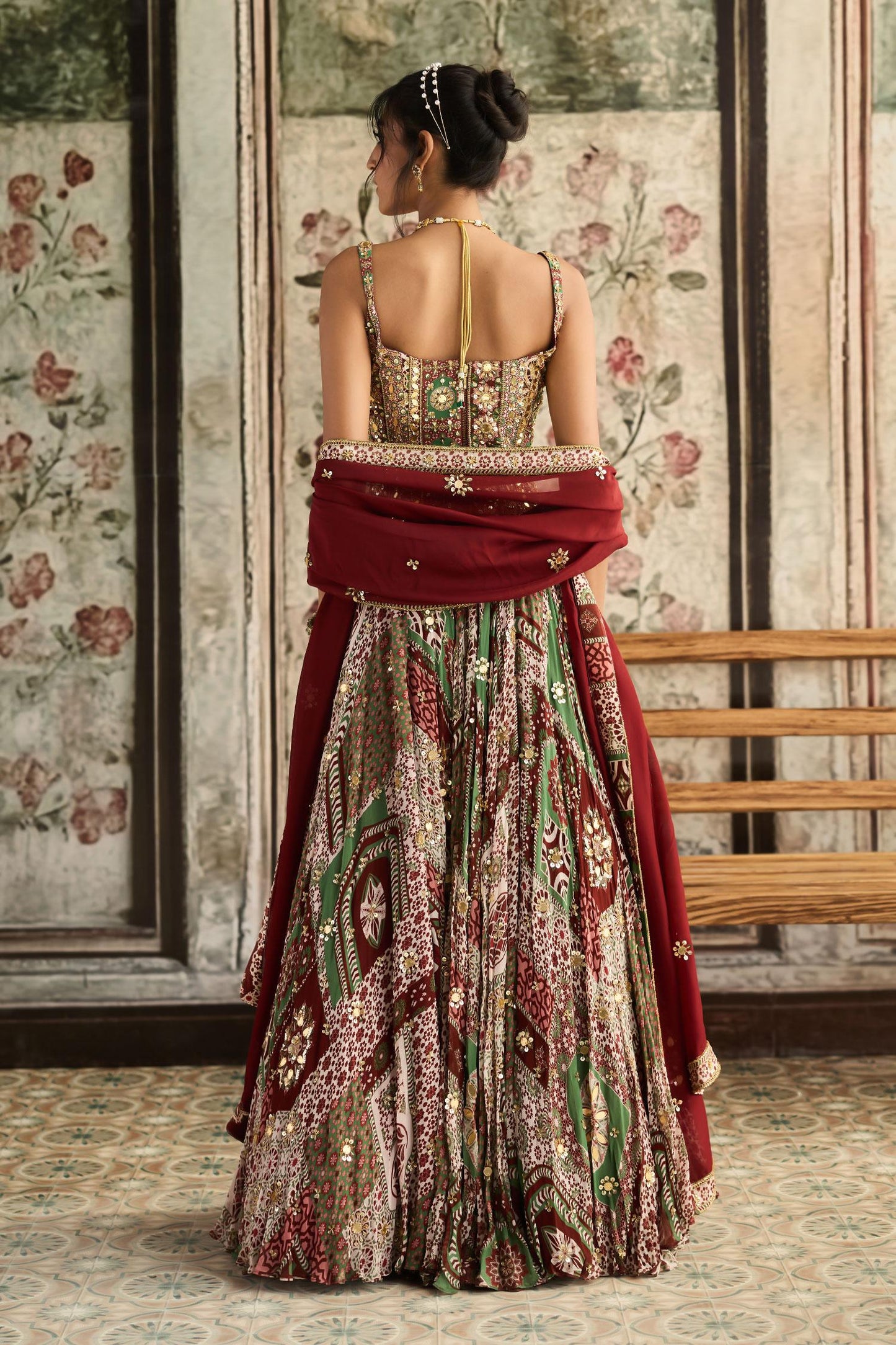 Maroon Crepe, Georgette, Organza Sequins, Sage Green And Designer Lehenga Set - Designer Kurta Set