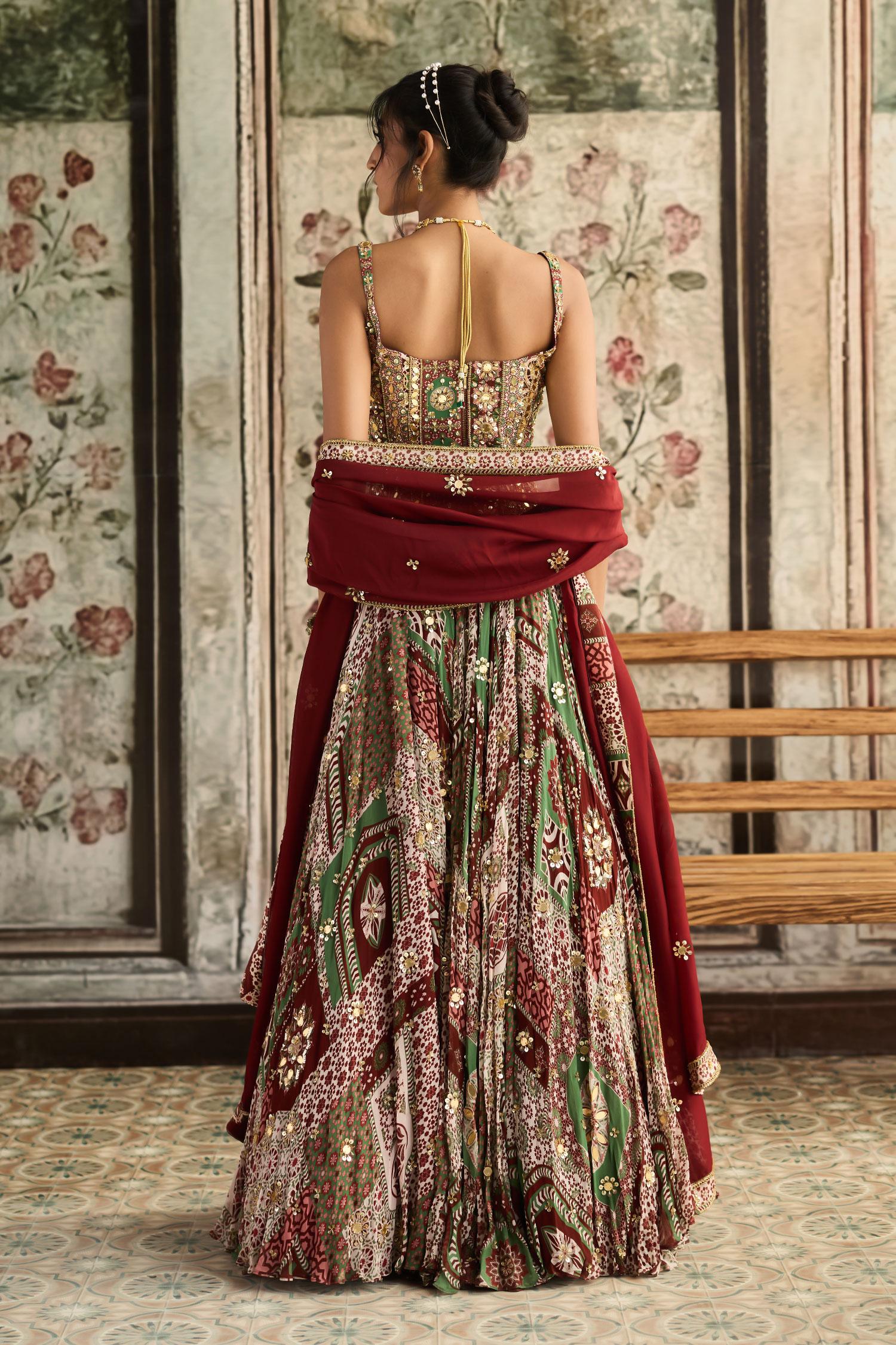 Maroon Crepe, Georgette, Organza Sequins, Sage Green And Designer Lehenga Set - Designer Kurta Set