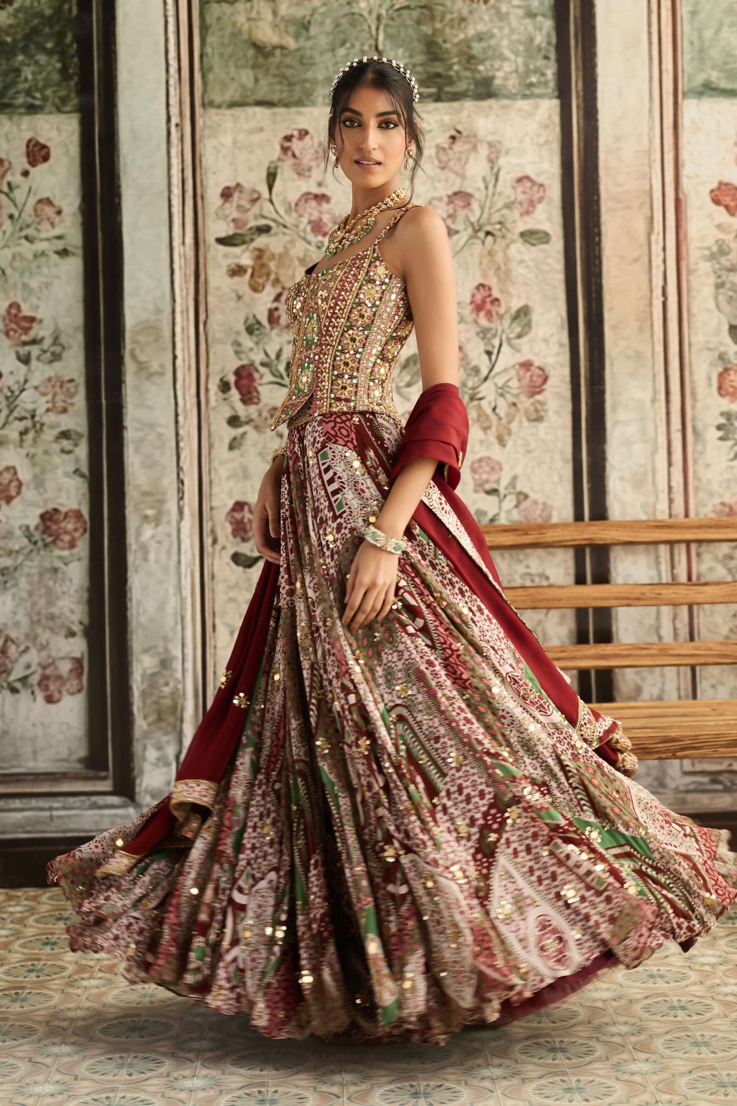 Maroon Crepe, Georgette, Organza Sequins, Sage Green And Designer Lehenga Set - Designer Kurta Set