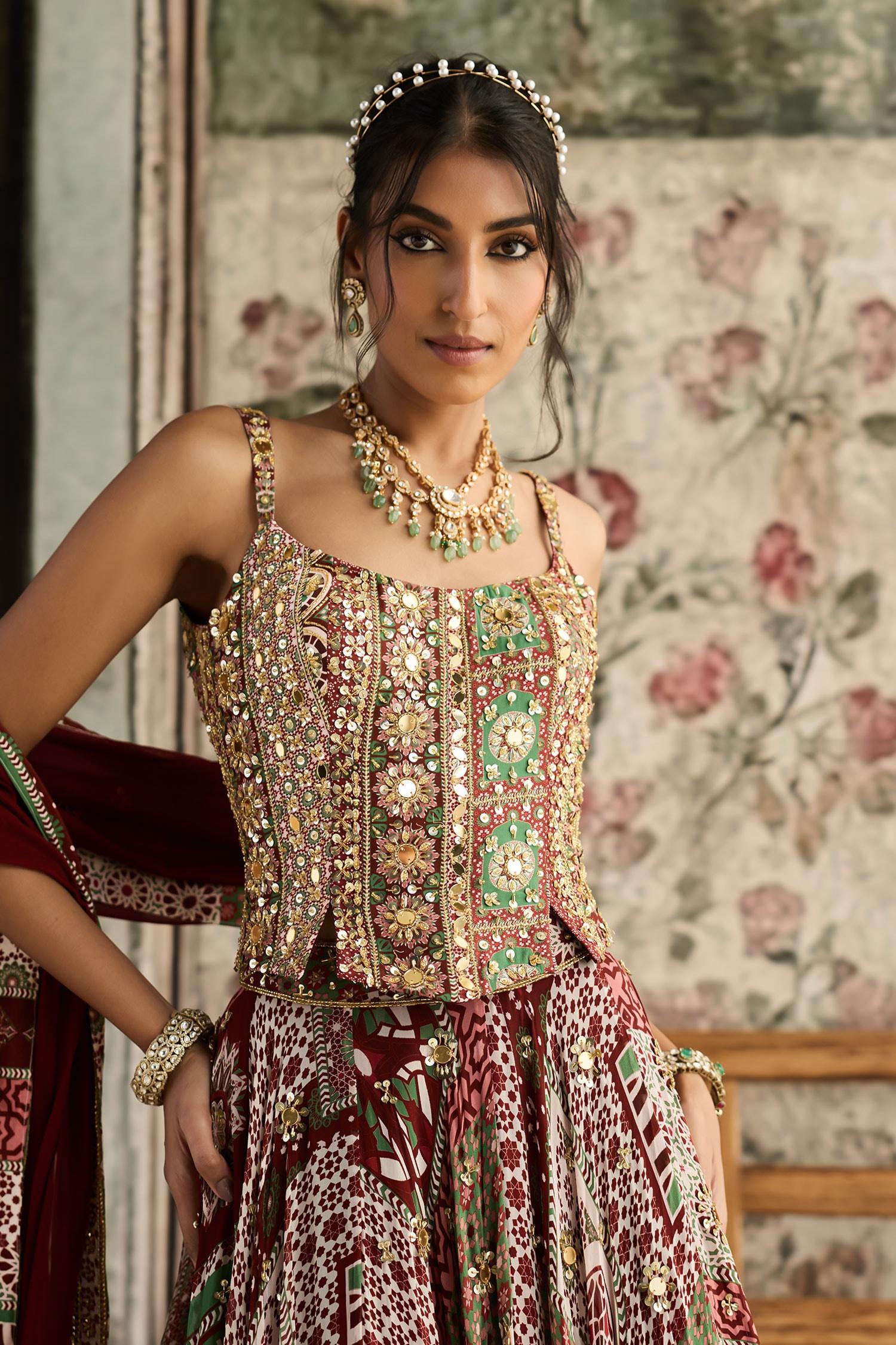 Maroon Crepe, Georgette, Organza Sequins, Sage Green And Designer Lehenga Set - Designer Kurta Set