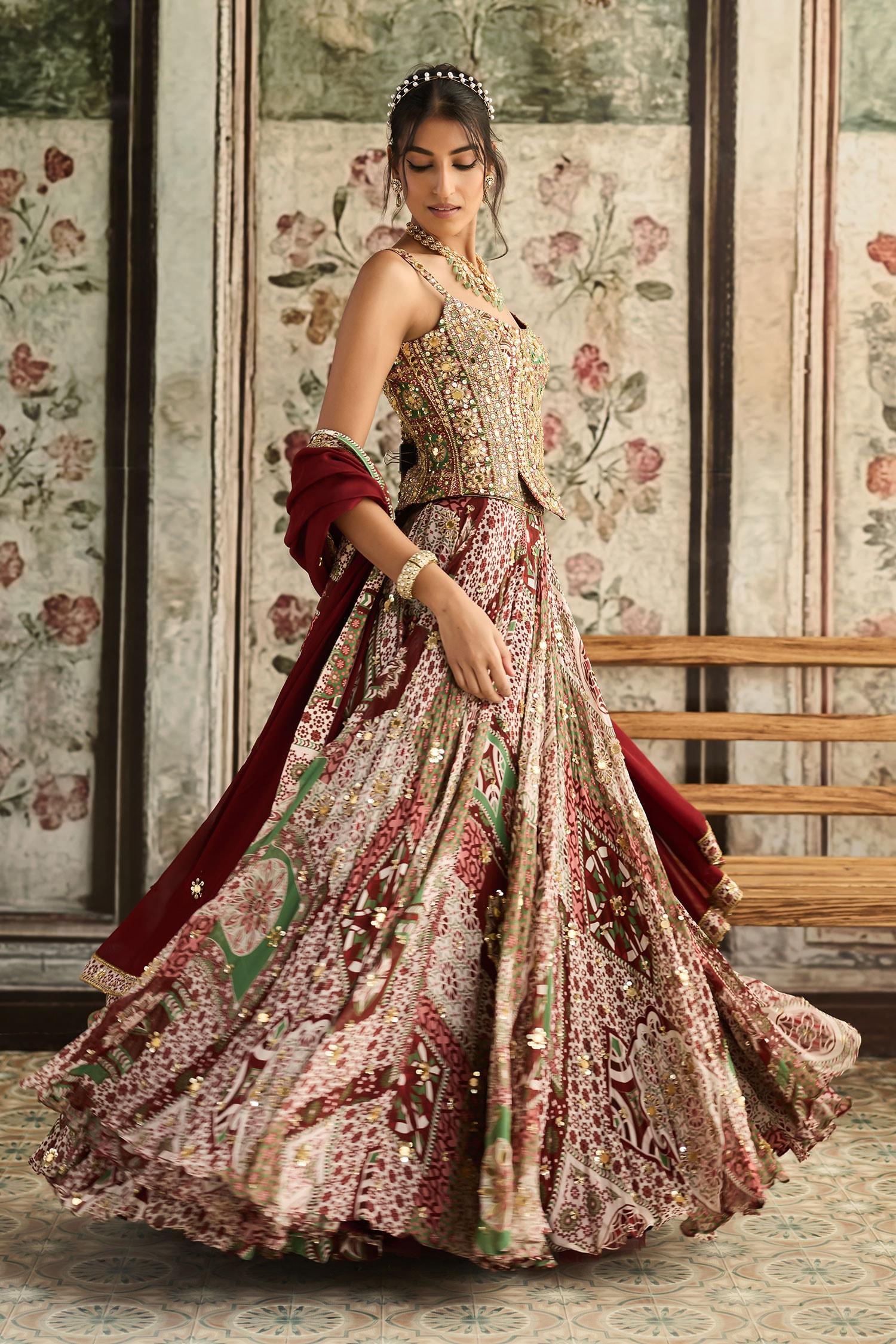 Maroon Crepe, Georgette, Organza Sequins, Sage Green And Designer Lehenga Set - Designer Kurta Set