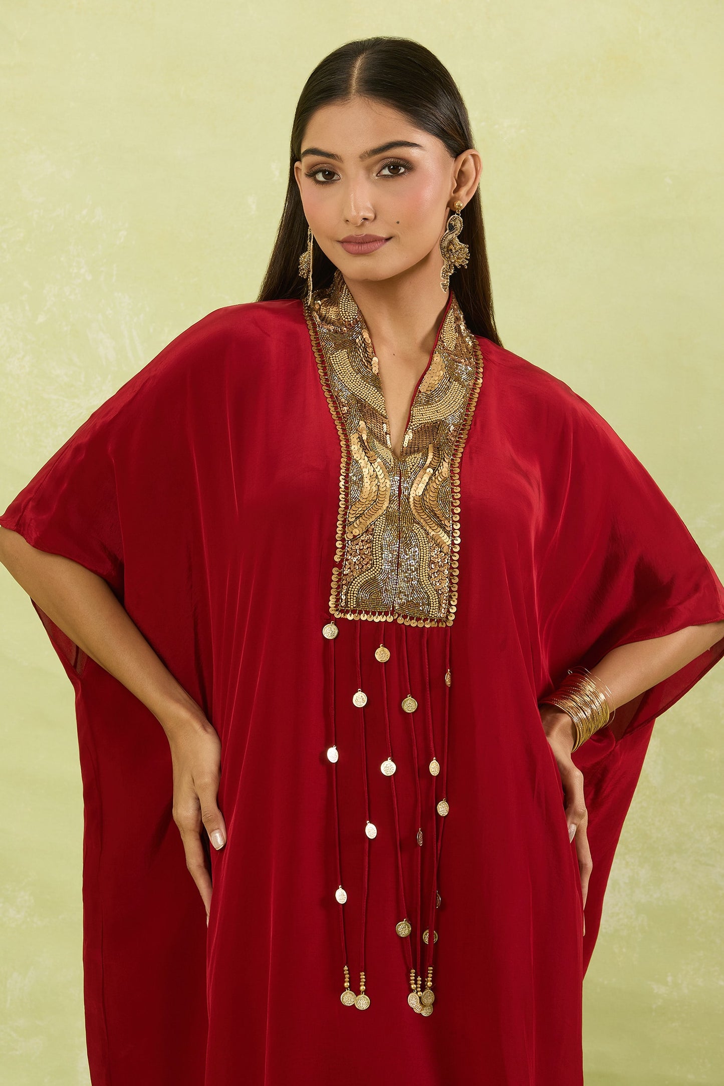 Maroon Crepe Tassels Collared Sequin Embroidered Yoke Kaftan Set