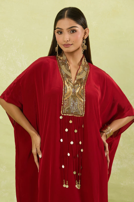 Maroon Crepe Tassels Collared Sequin Embroidered Yoke Kaftan Set