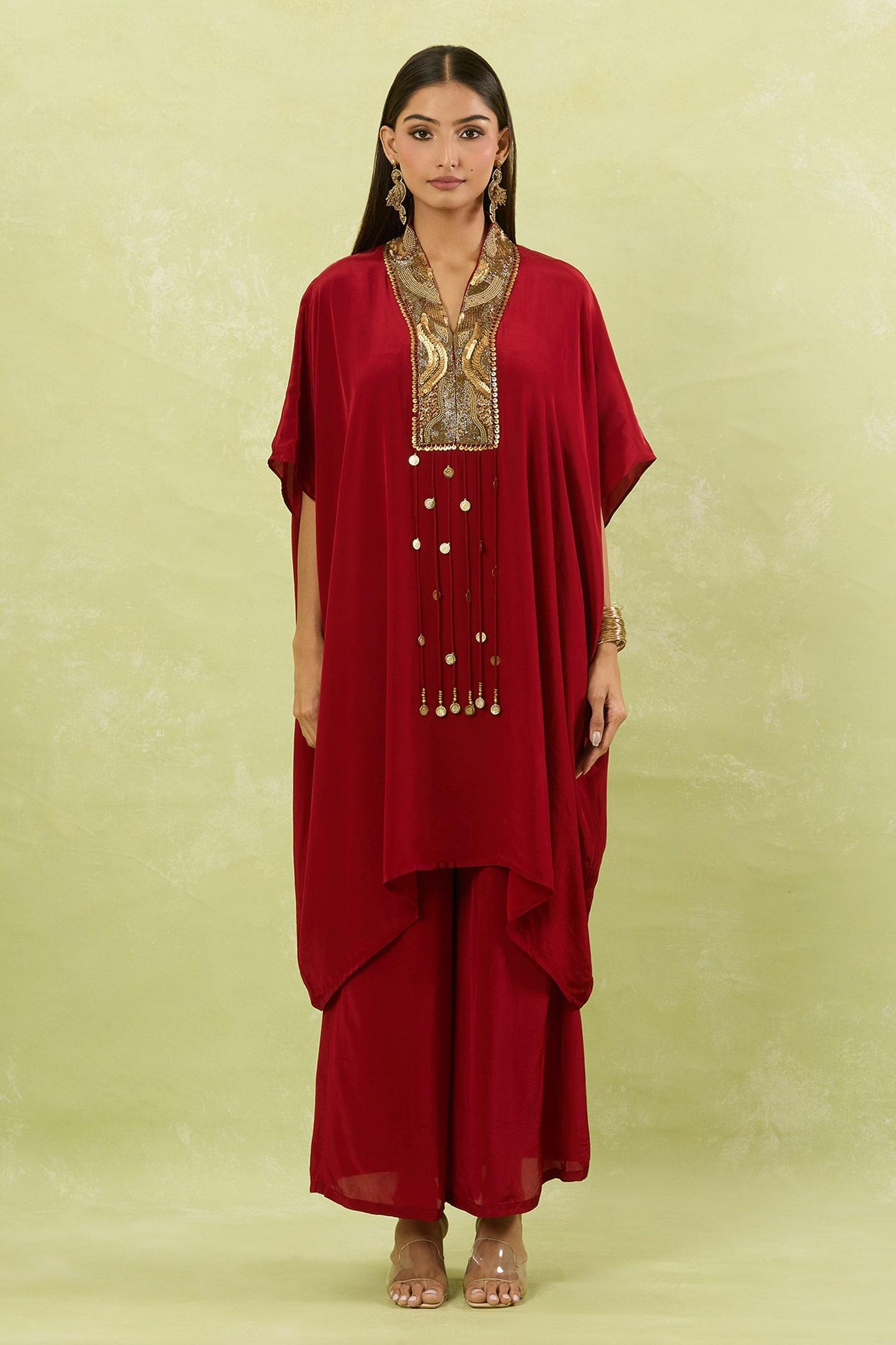 Maroon Crepe Tassels Collared Sequin Embroidered Yoke Kaftan Set