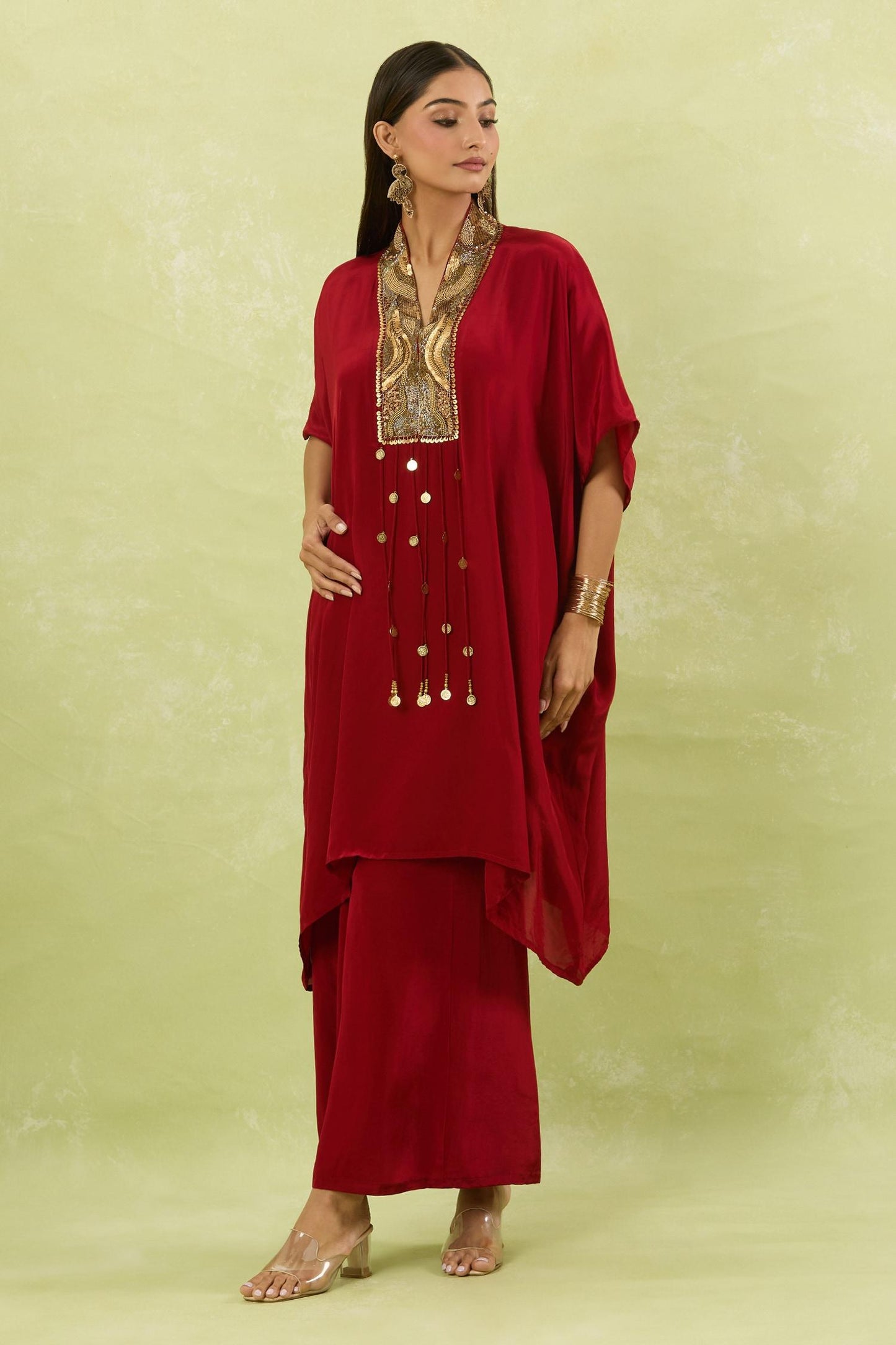 Maroon Crepe Tassels Collared Sequin Embroidered Yoke Kaftan Set
