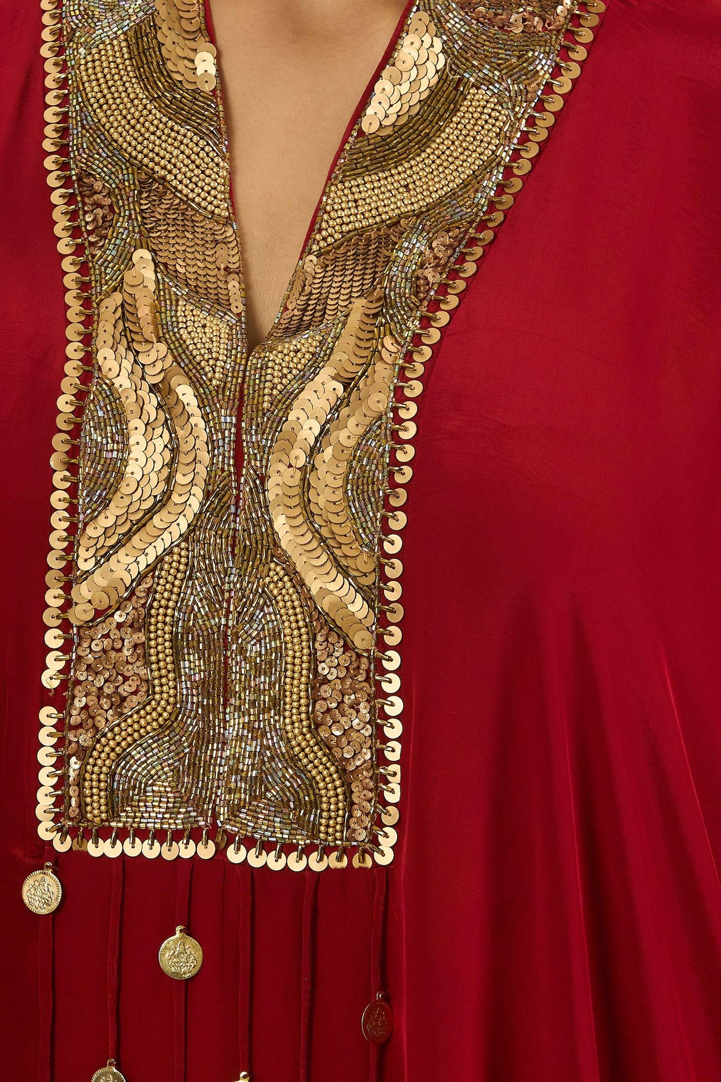 Maroon Crepe Tassels Collared Sequin Embroidered Yoke Kaftan Set