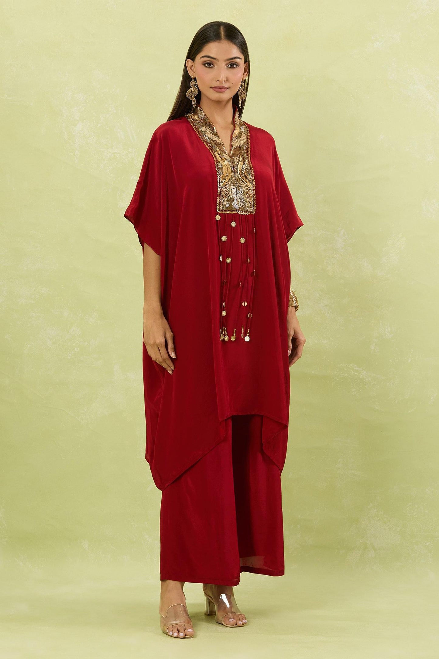 Maroon Crepe Tassels Collared Sequin Embroidered Yoke Kaftan Set