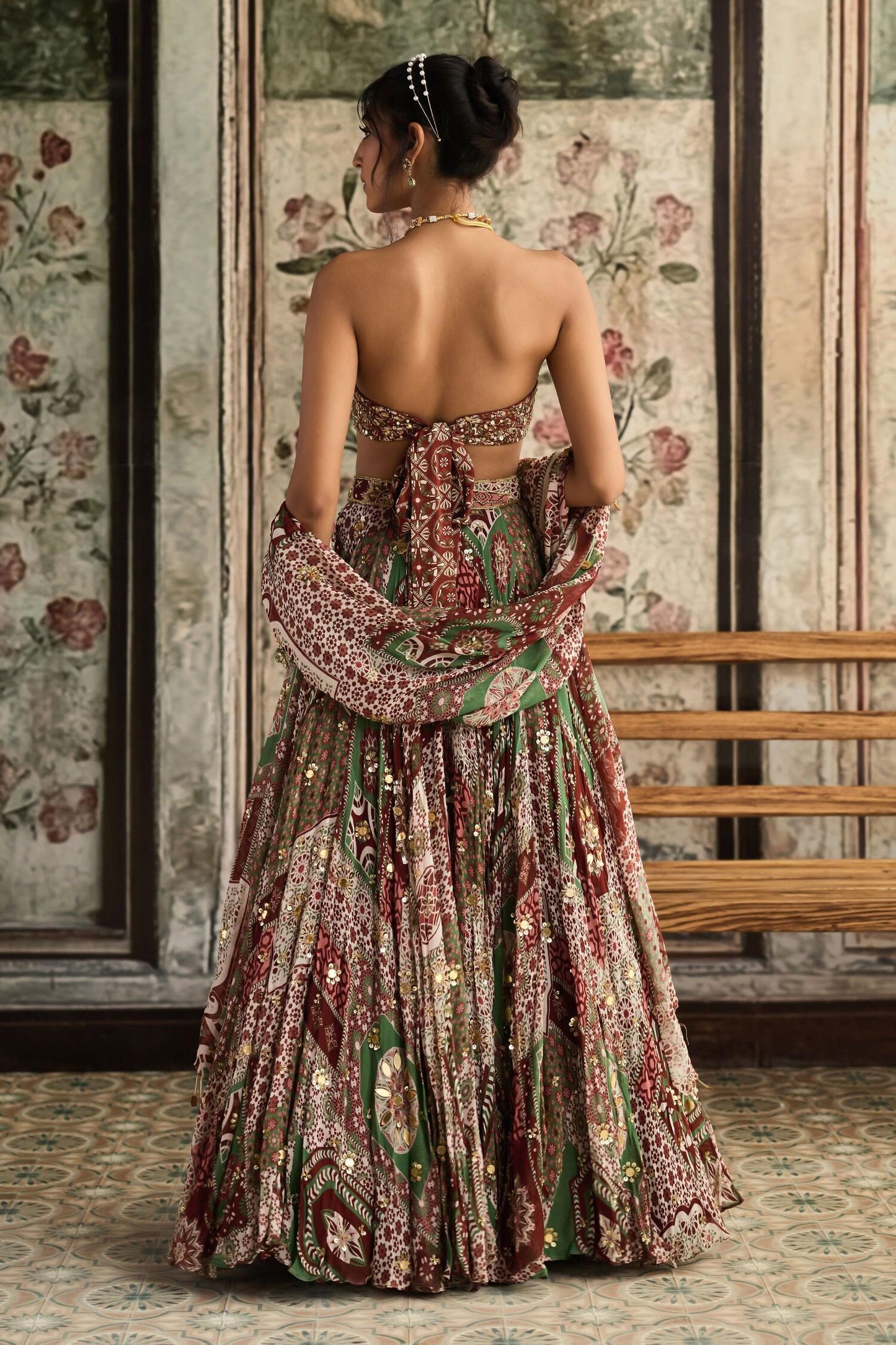 Maroon Georgette, Crepe Sequins, Embroidery Sage Green And Designer Lehenga Set - Designer Kurta Set
