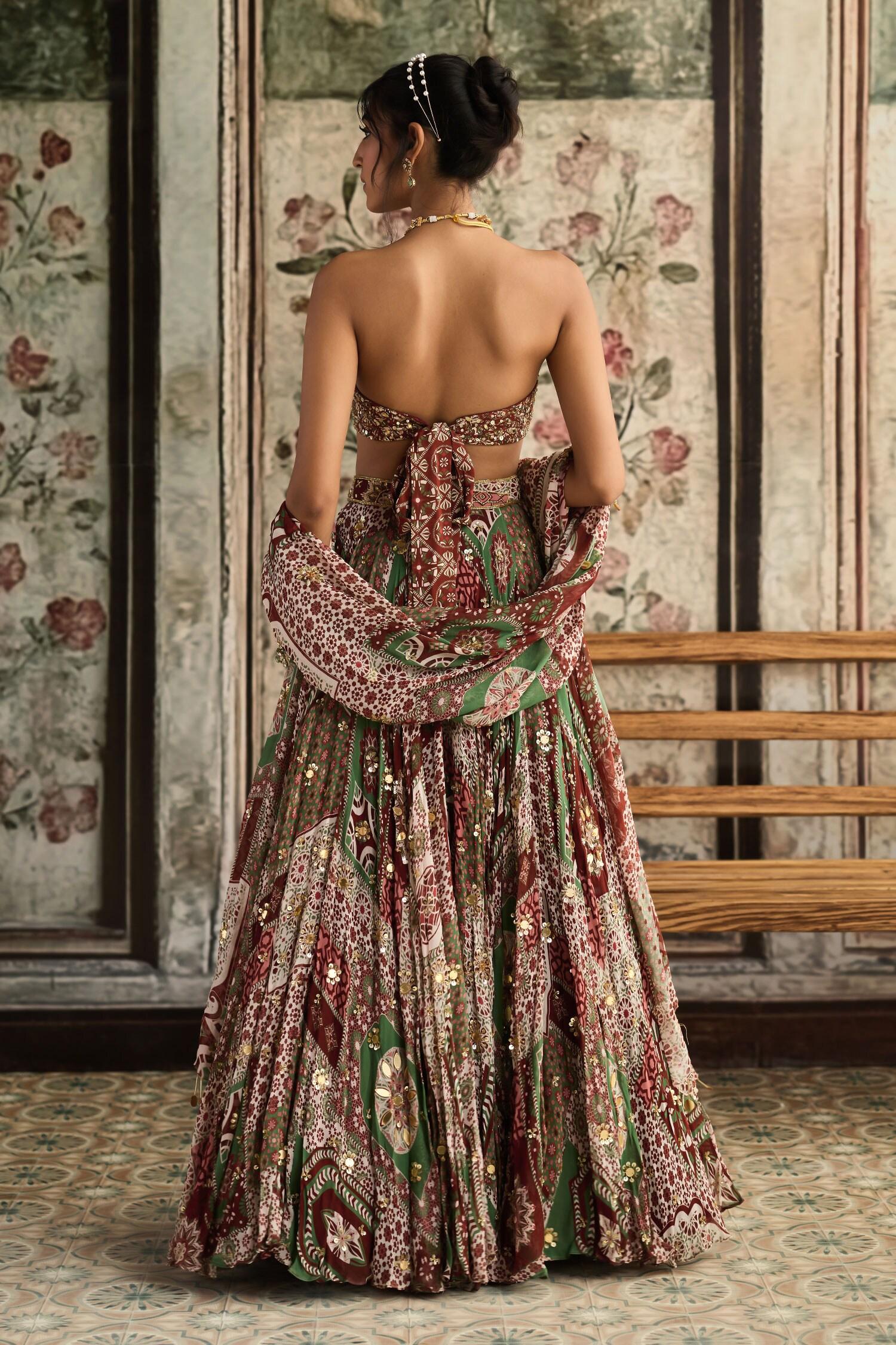 Maroon Georgette, Crepe Sequins, Embroidery Sage Green And Designer Lehenga Set - Designer Kurta Set