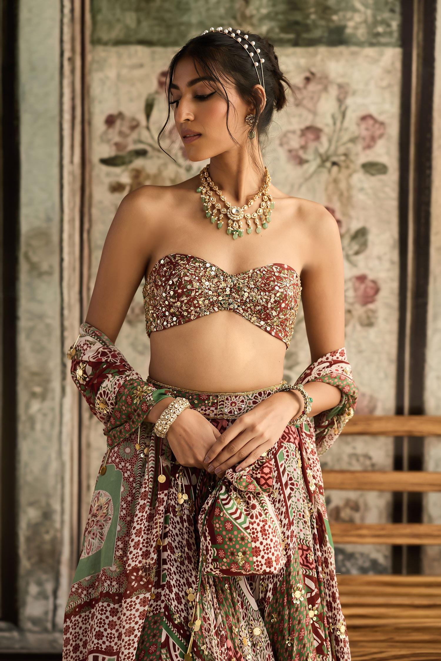 Maroon Georgette, Crepe Sequins, Embroidery Sage Green And Designer Lehenga Set - Designer Kurta Set