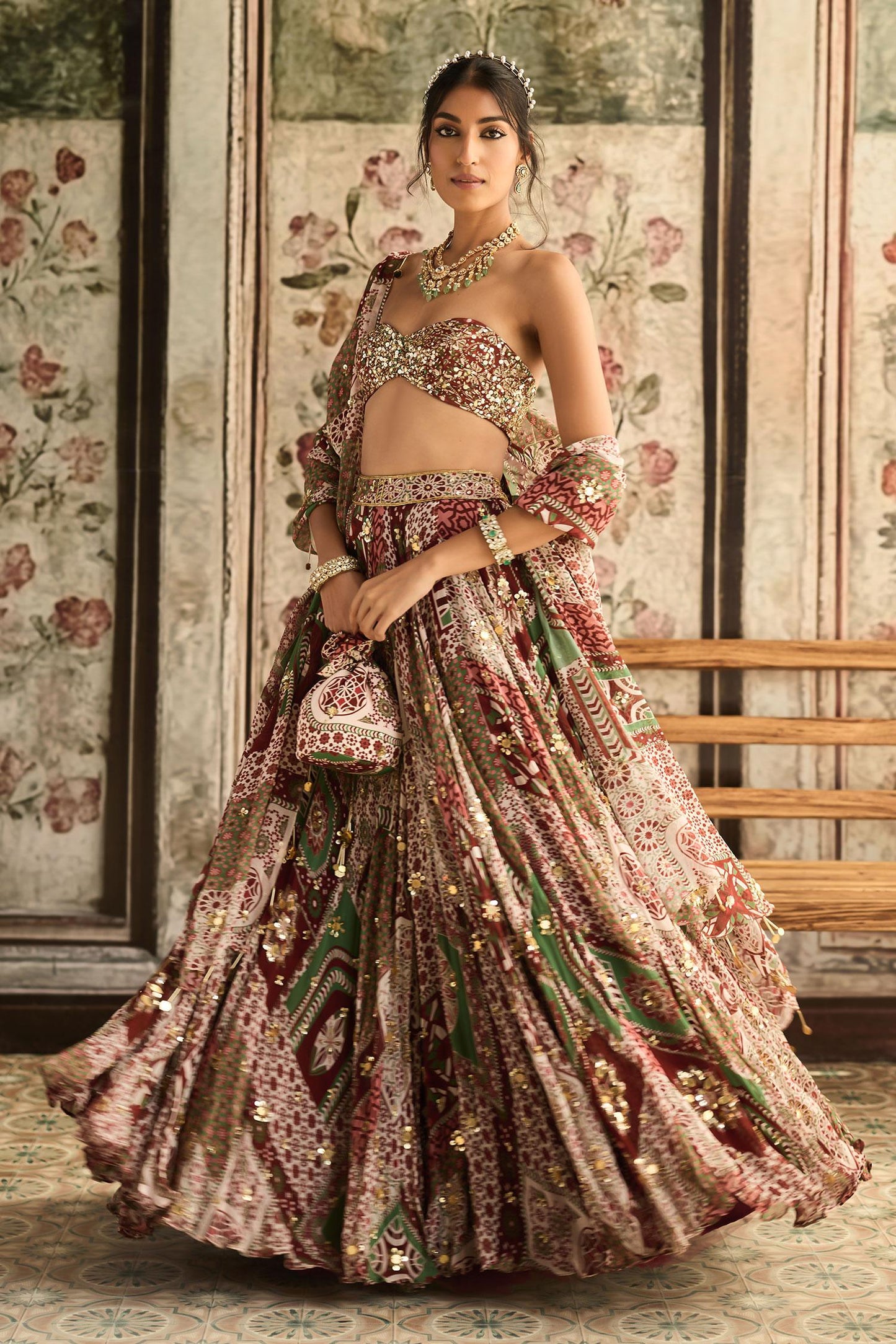 Maroon Georgette, Crepe Sequins, Embroidery Sage Green And Designer Lehenga Set - Designer Kurta Set
