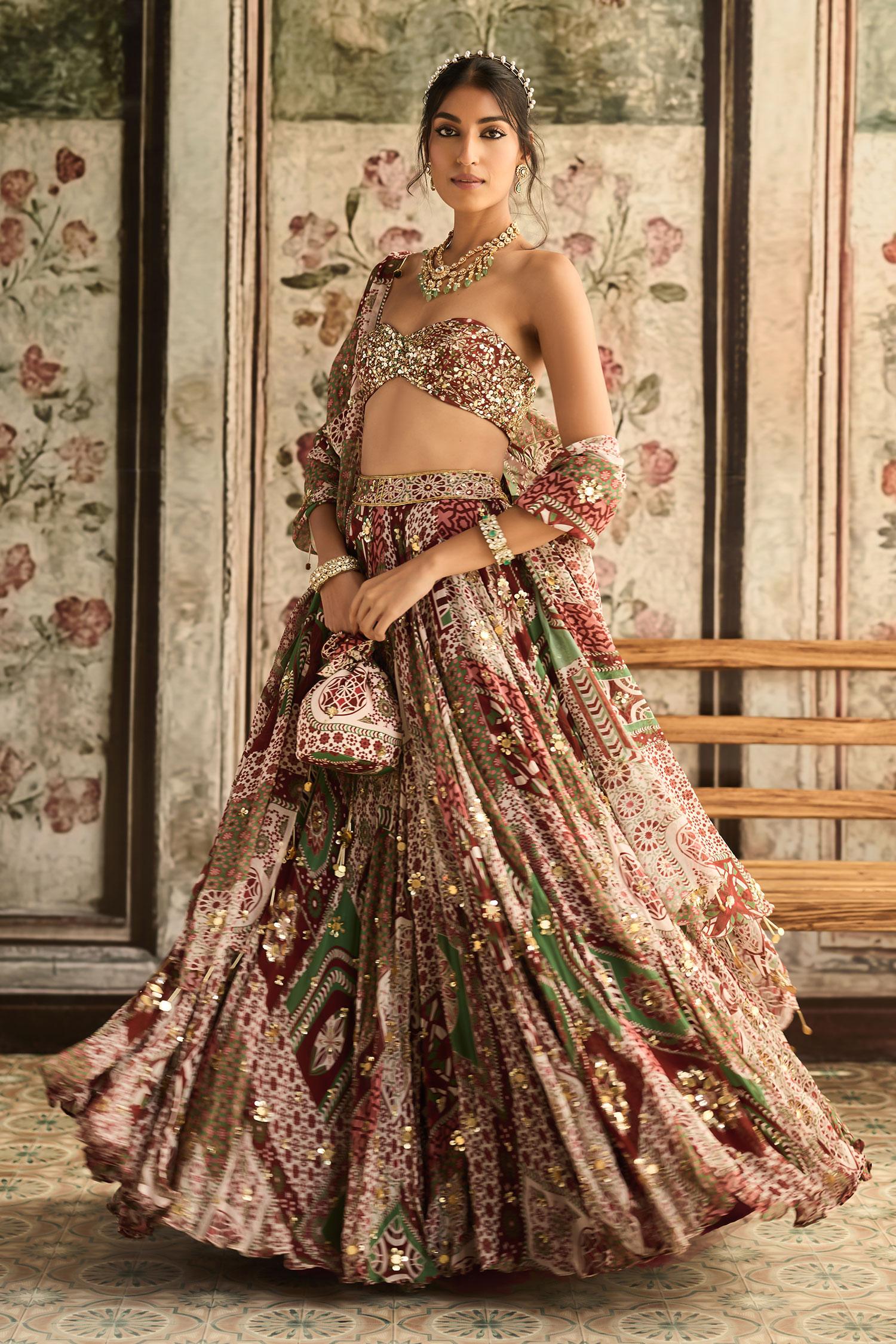 Maroon Georgette, Crepe Sequins, Embroidery Sage Green And Designer Lehenga Set - Designer Kurta Set