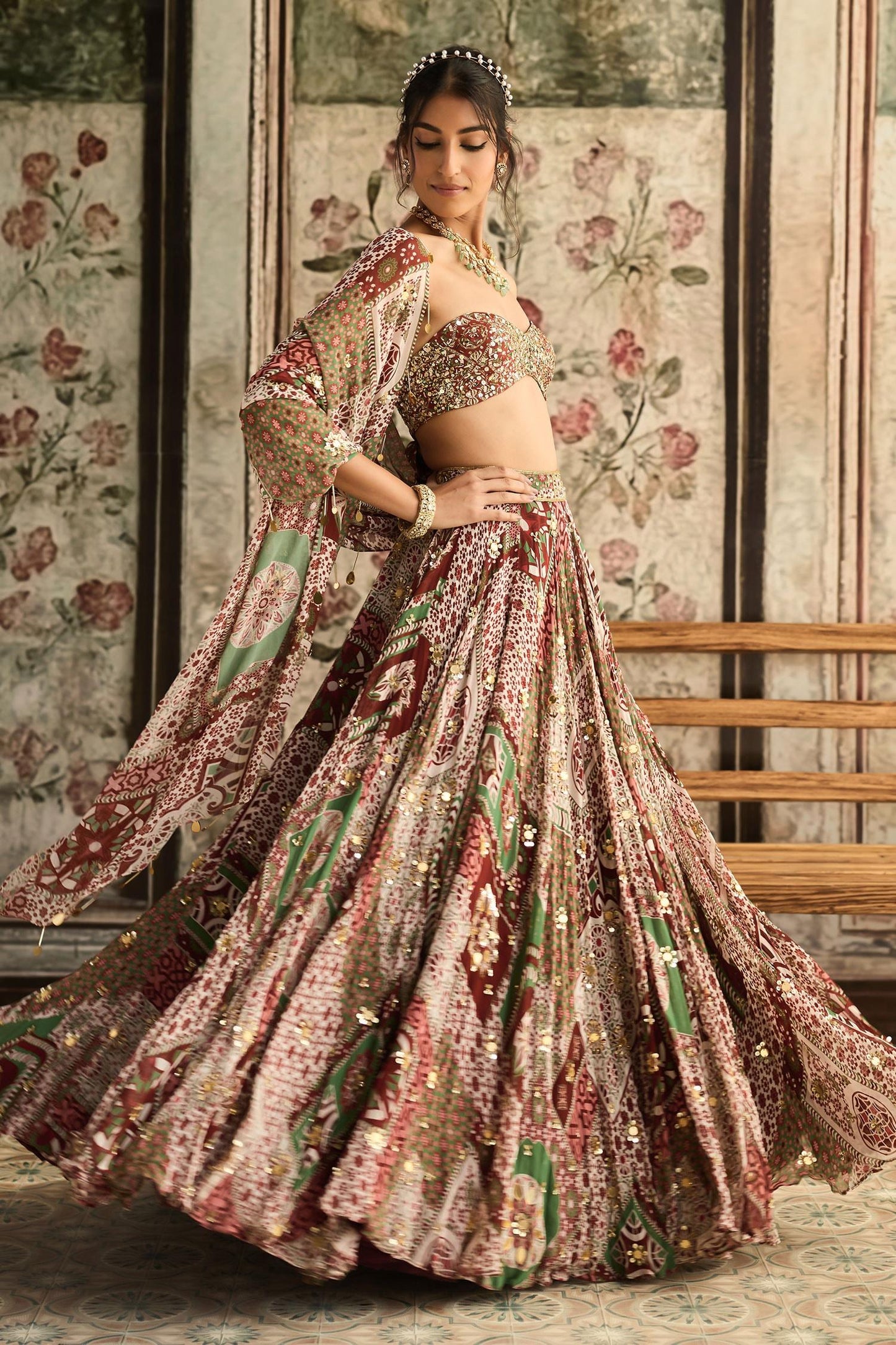 Maroon Georgette, Crepe Sequins, Embroidery Sage Green And Designer Lehenga Set - Designer Kurta Set