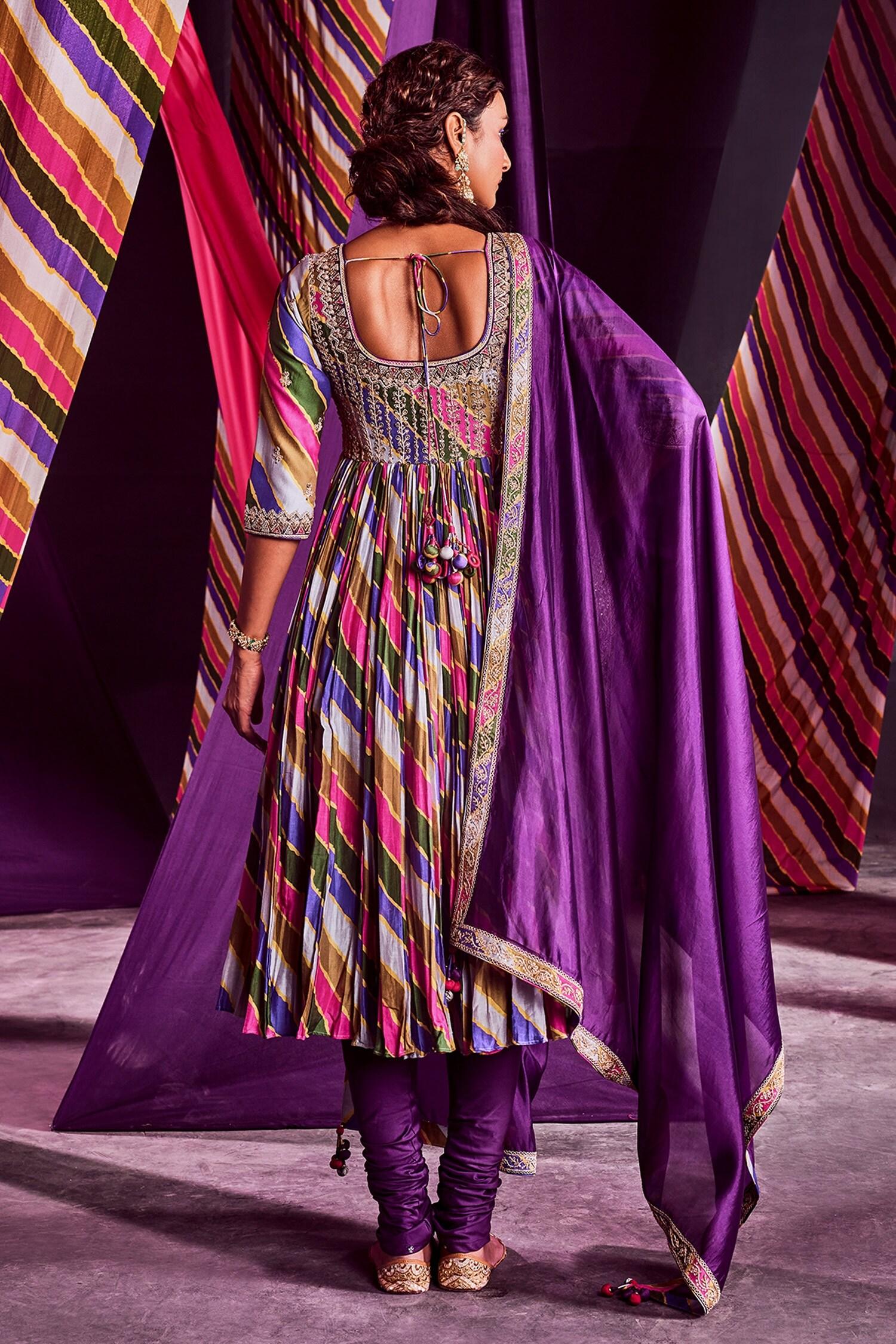 Multi Color Chanderi And Organza Stripe, Zardozi & Print Anarkali Set - Designer Kurta Set
