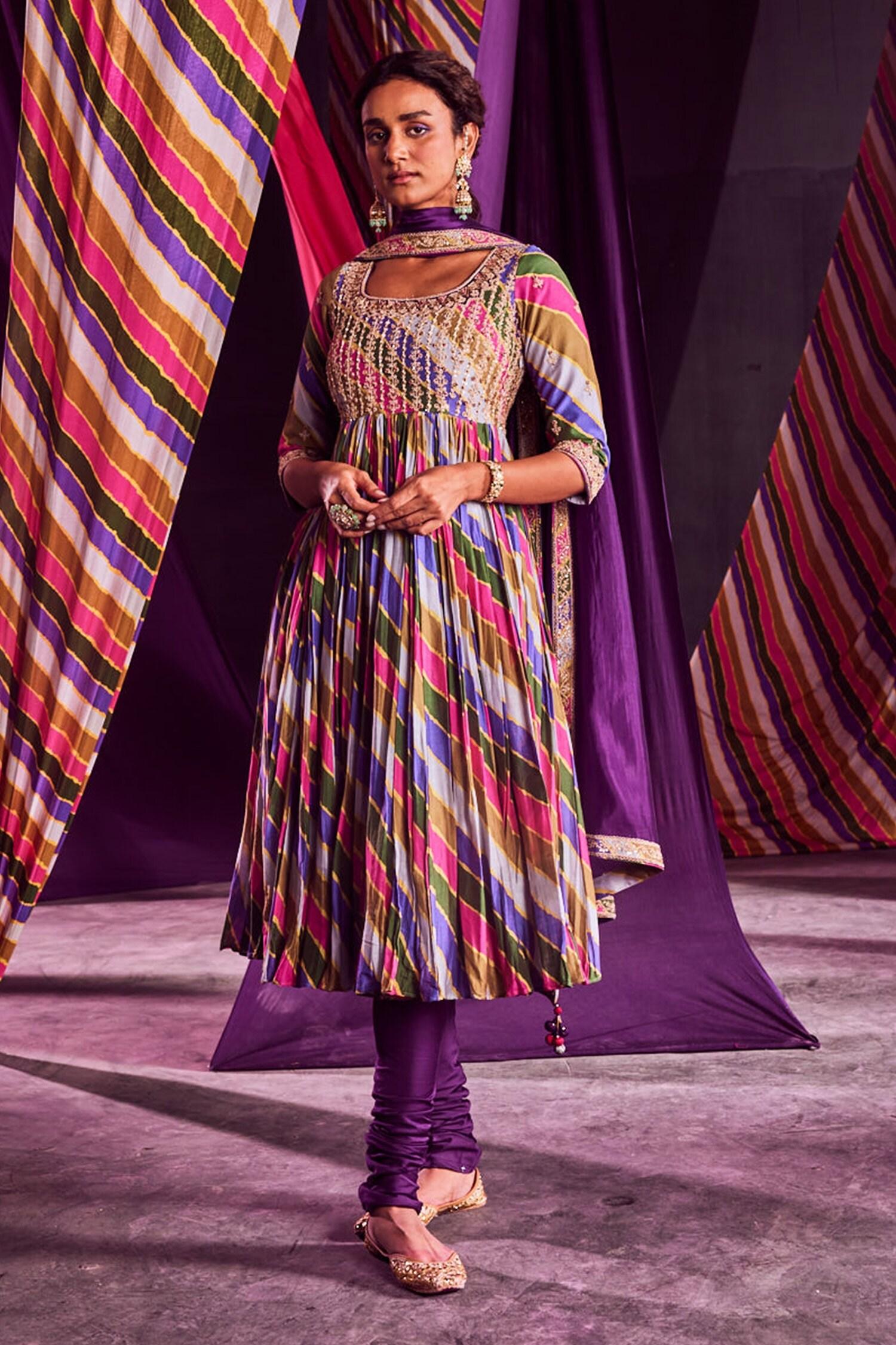 Multi Color Chanderi And Organza Stripe, Zardozi & Print Anarkali Set - Designer Kurta Set